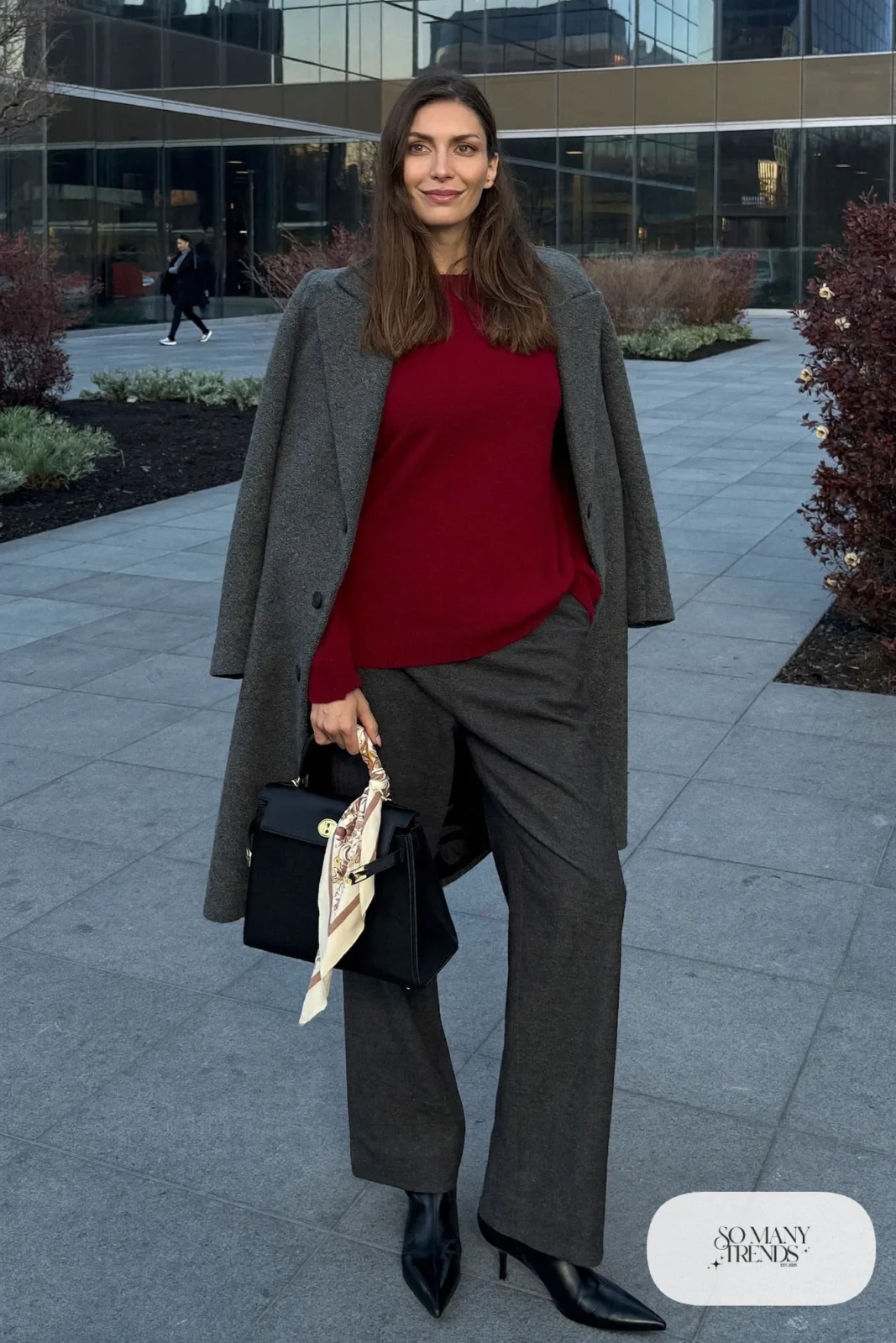 burgundy sweater charcoal trousers long grey coat black boots outfit 2