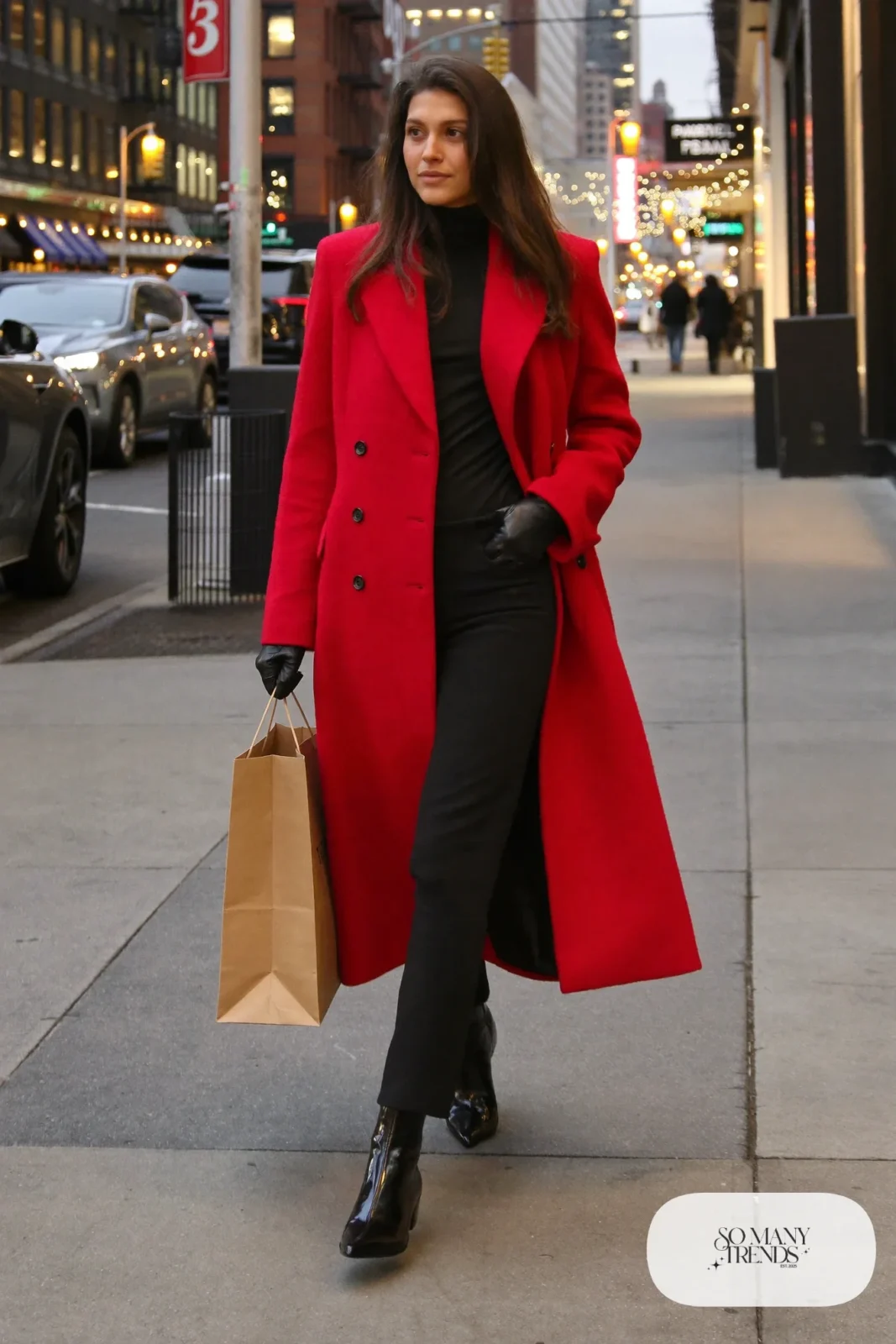 red wool coat black turtleneck black trousers ankle boots outfit 4