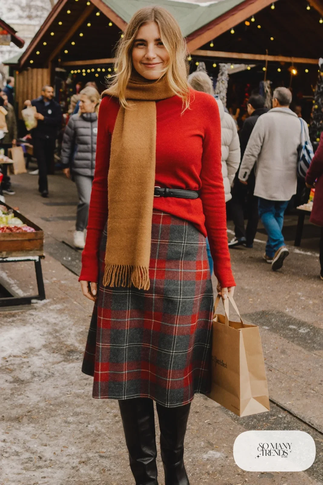 red knit sweater plaid midi skirt knee high black boots leather belt outfit 5