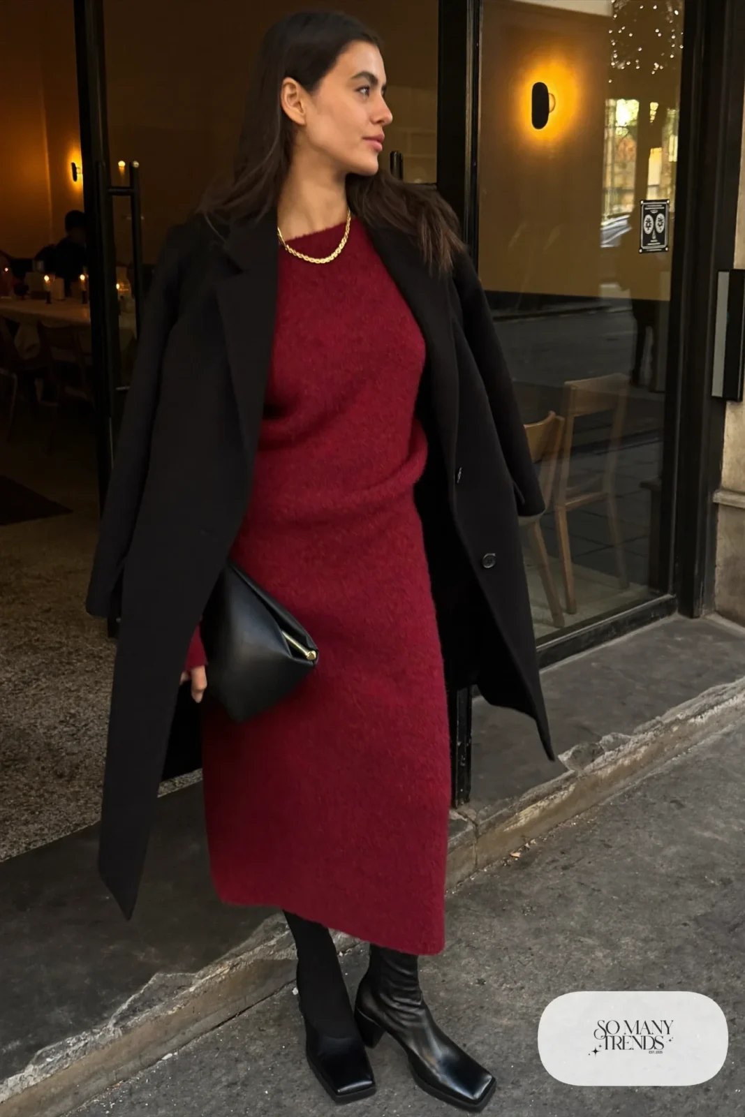 burgundy knit midi dress black wool coat tights heeled boots clutch outfit 6