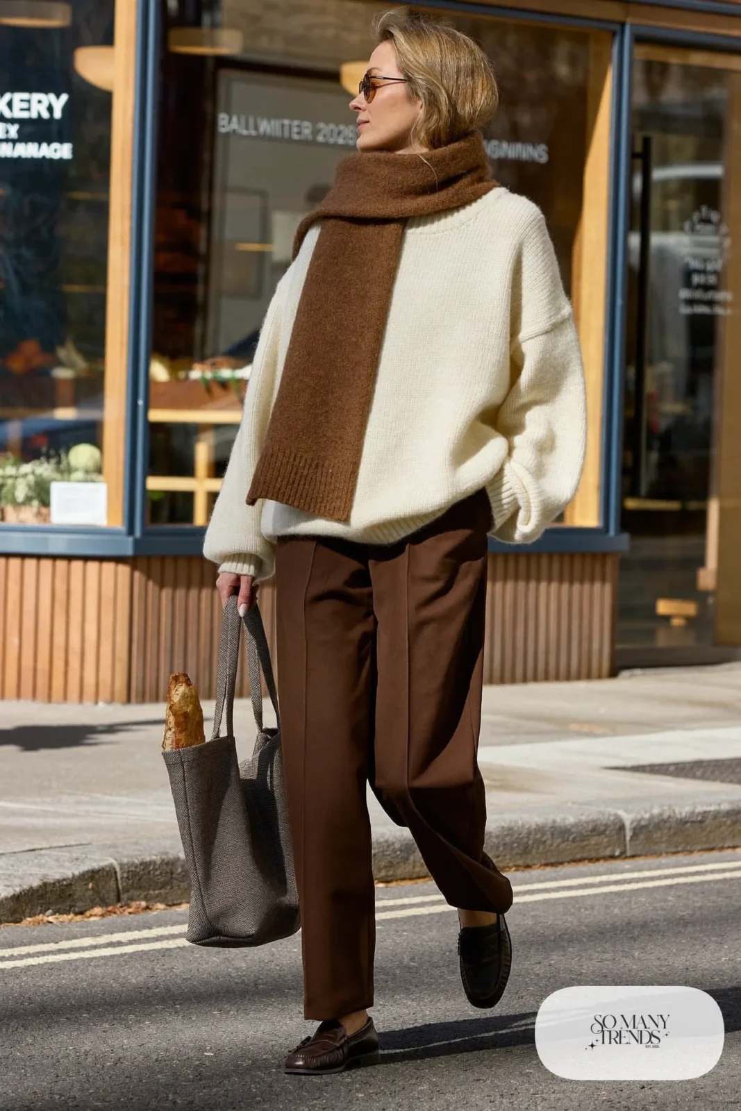 brown wide leg pants cream knit camel scarf brown loafers outfit 7