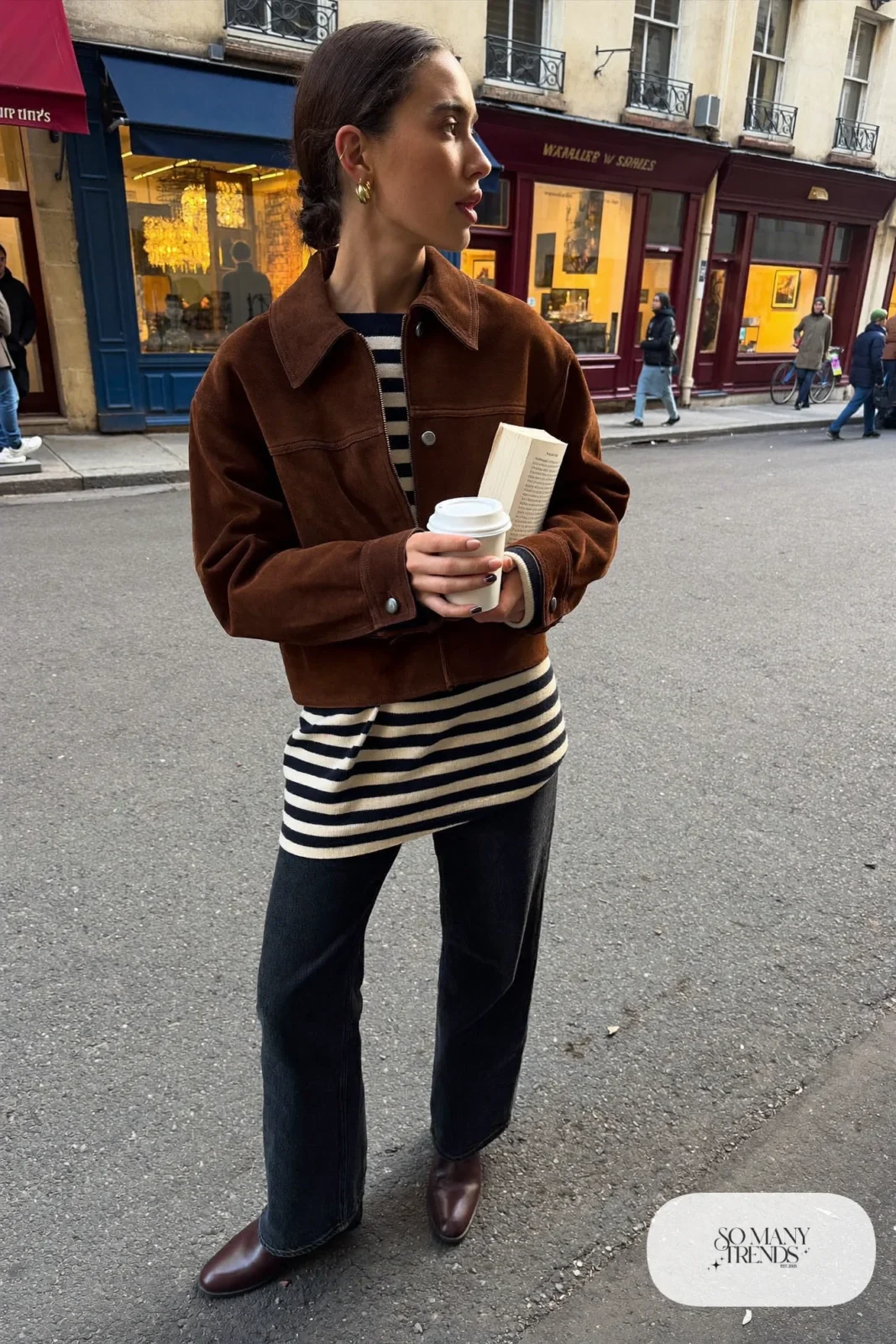 brown suede jacket striped top dark jeans brown ankle boots outfit 8