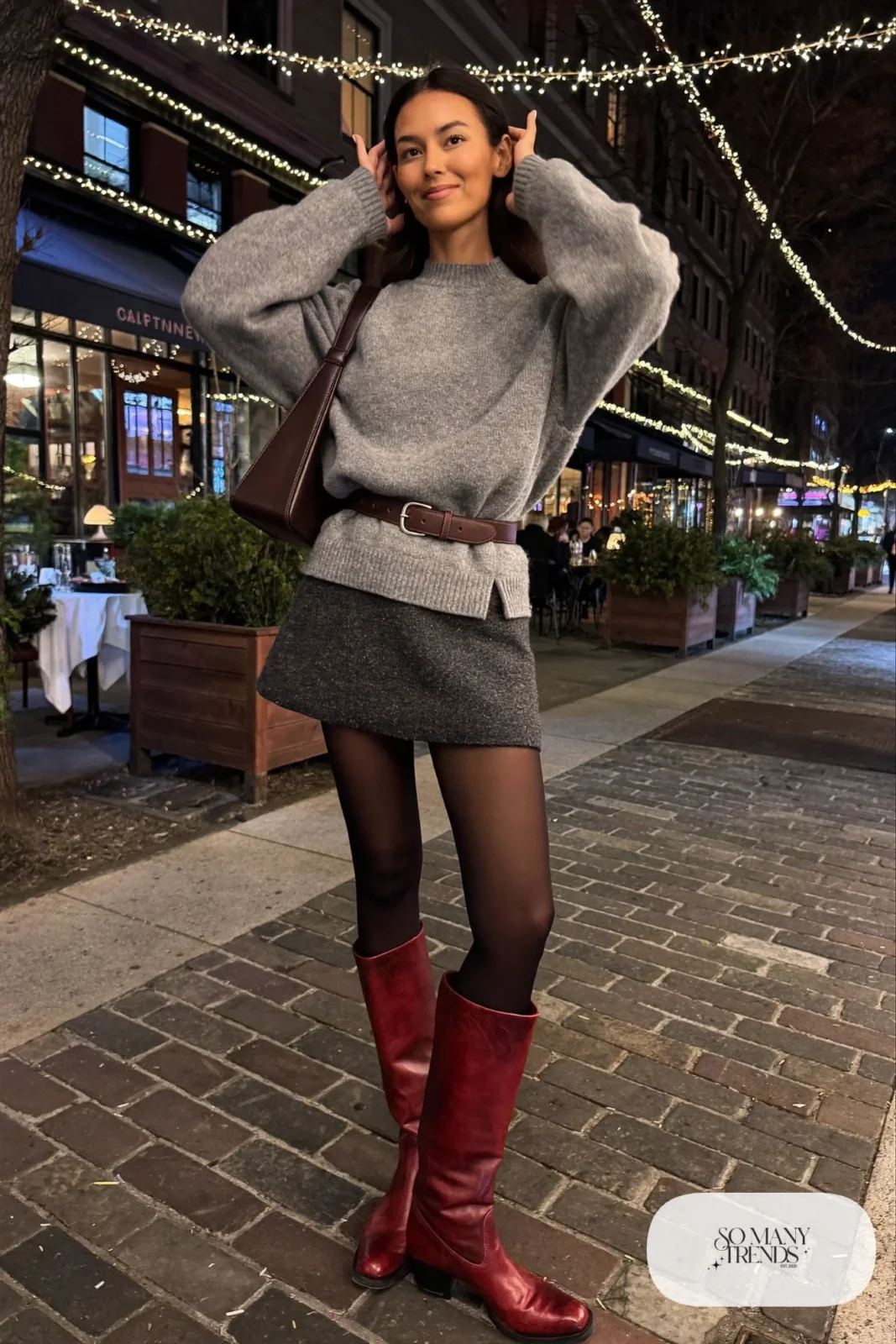 brown knee high boots wool mini skirt oversized sweater tights belt outfit 9