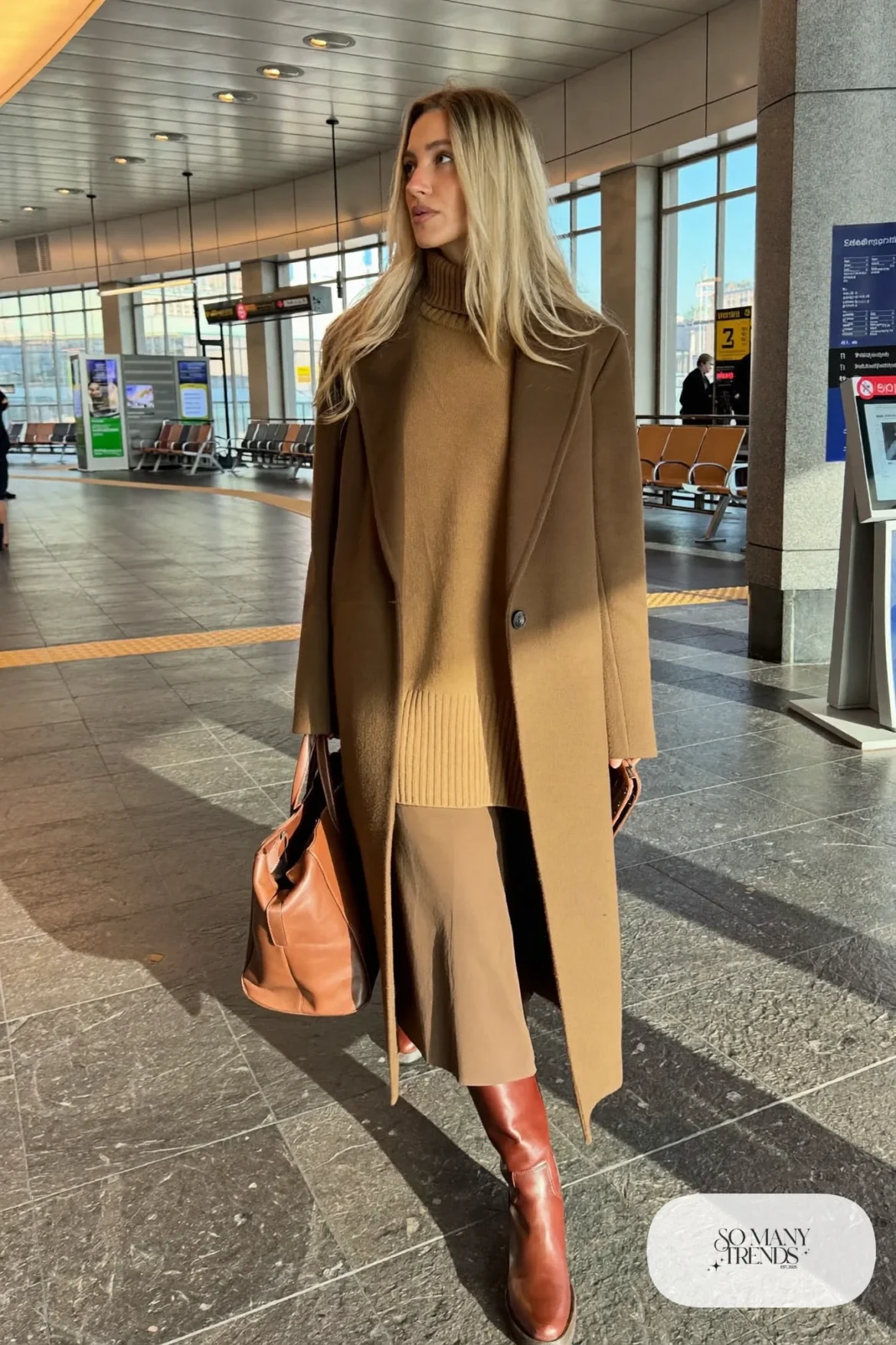 tan turtleneck mocha midi skirt chocolate coat tall brown boots outfit 10