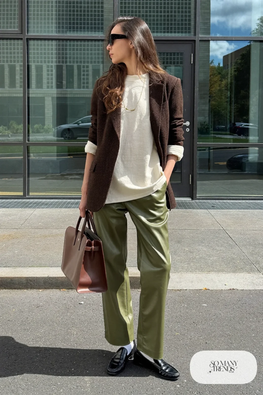 brown blazer olive trousers cream tee loafers socks outfit 11
