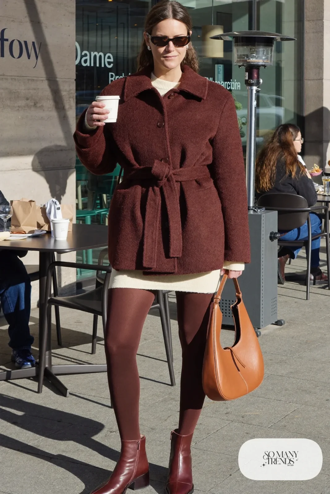 chocolate brown coat cream knit dress brown tights ankle boots caramel bag outfit 12