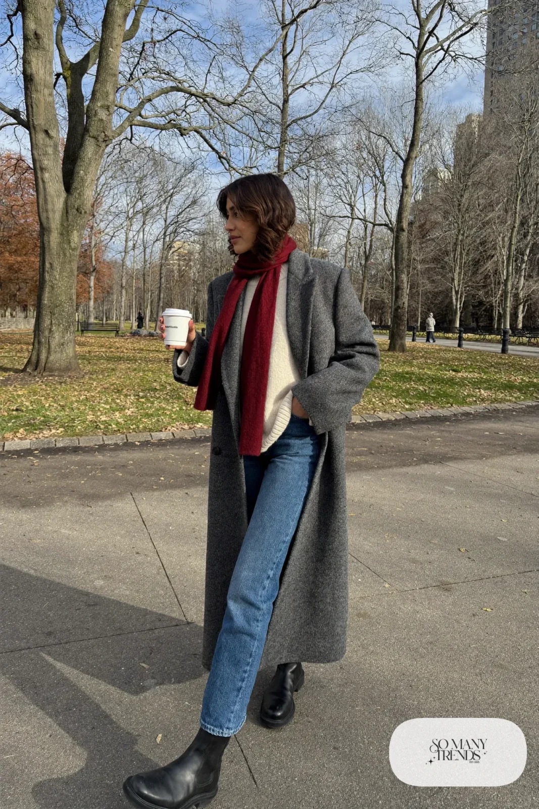 long grey wool coat burgundy scarf jeans black boots outfit 14