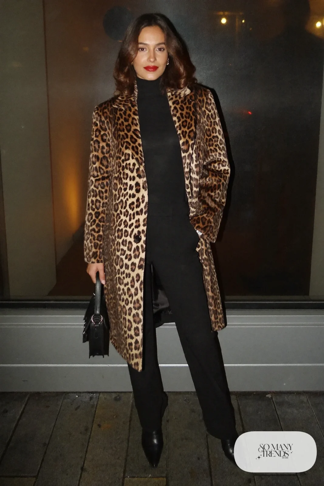 leopard print coat black turtleneck black trousers pointed boots outfit 15