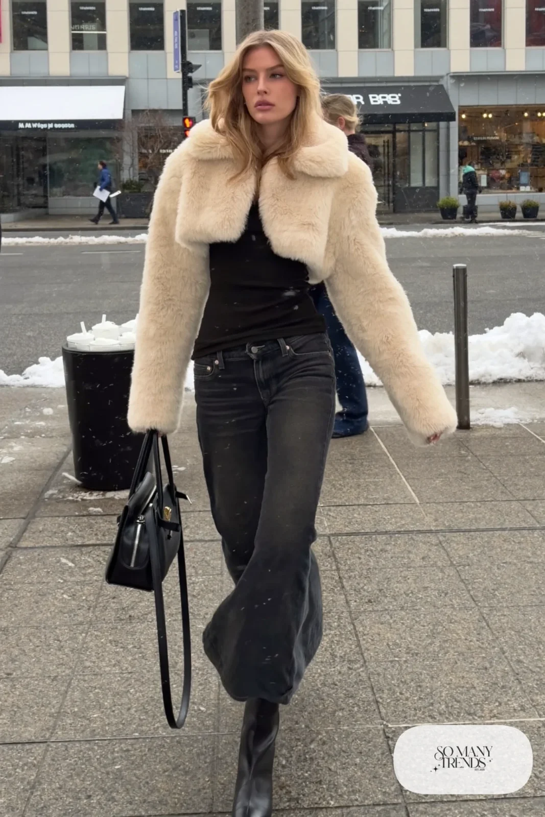 cream faux fur coat dark jeans black boots black bag outfit 16