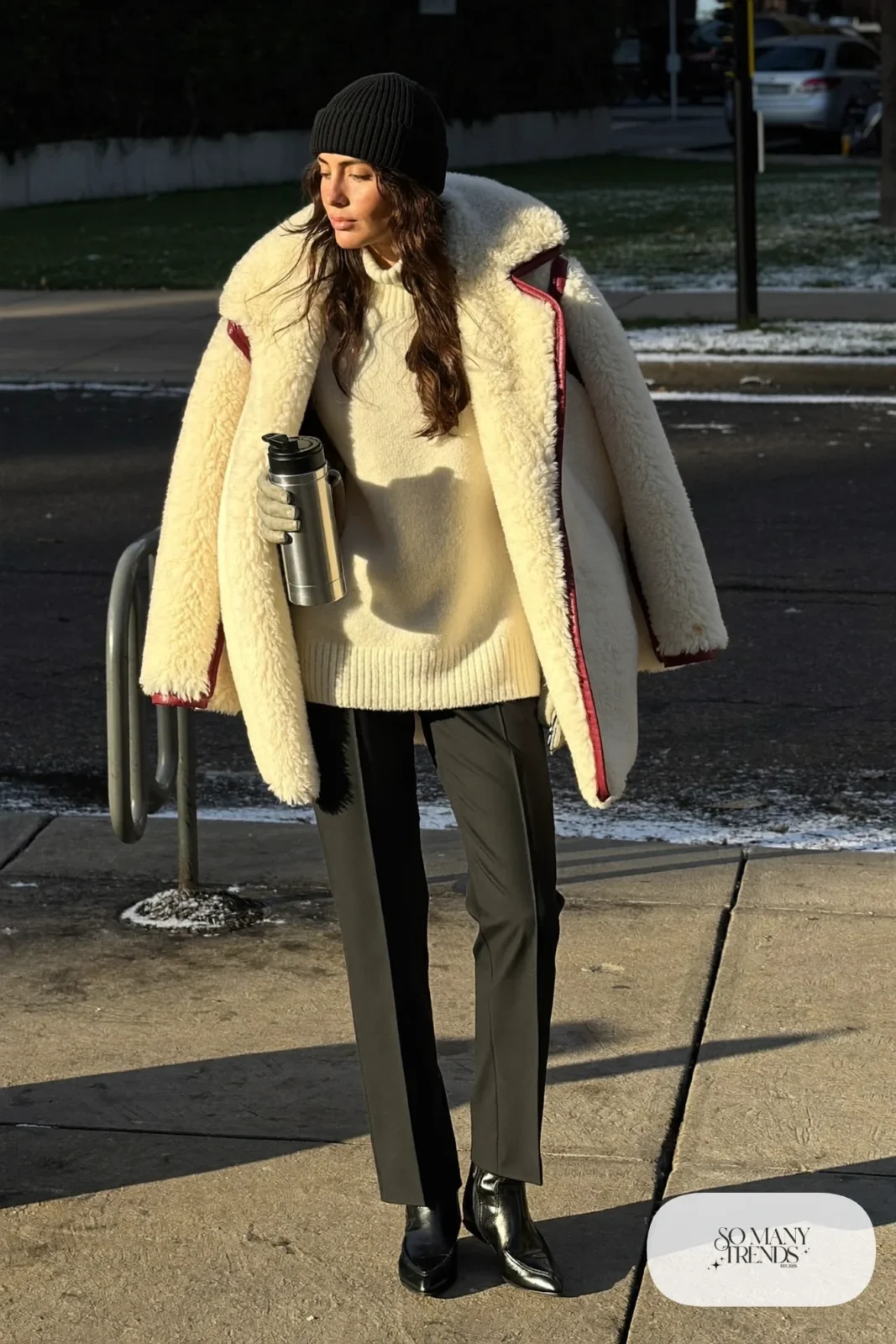 faux shearling jacket roll neck slim trousers ankle boots outfit 18