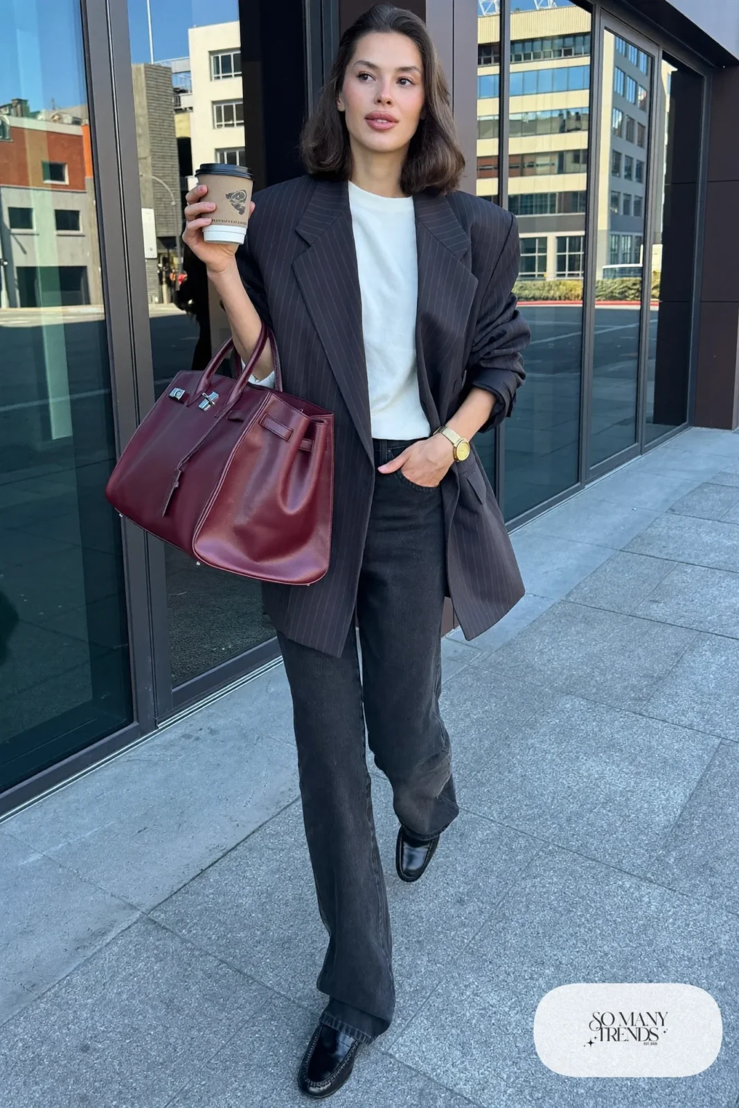 pinstripe blazer white tee black jeans loafers outfit 19