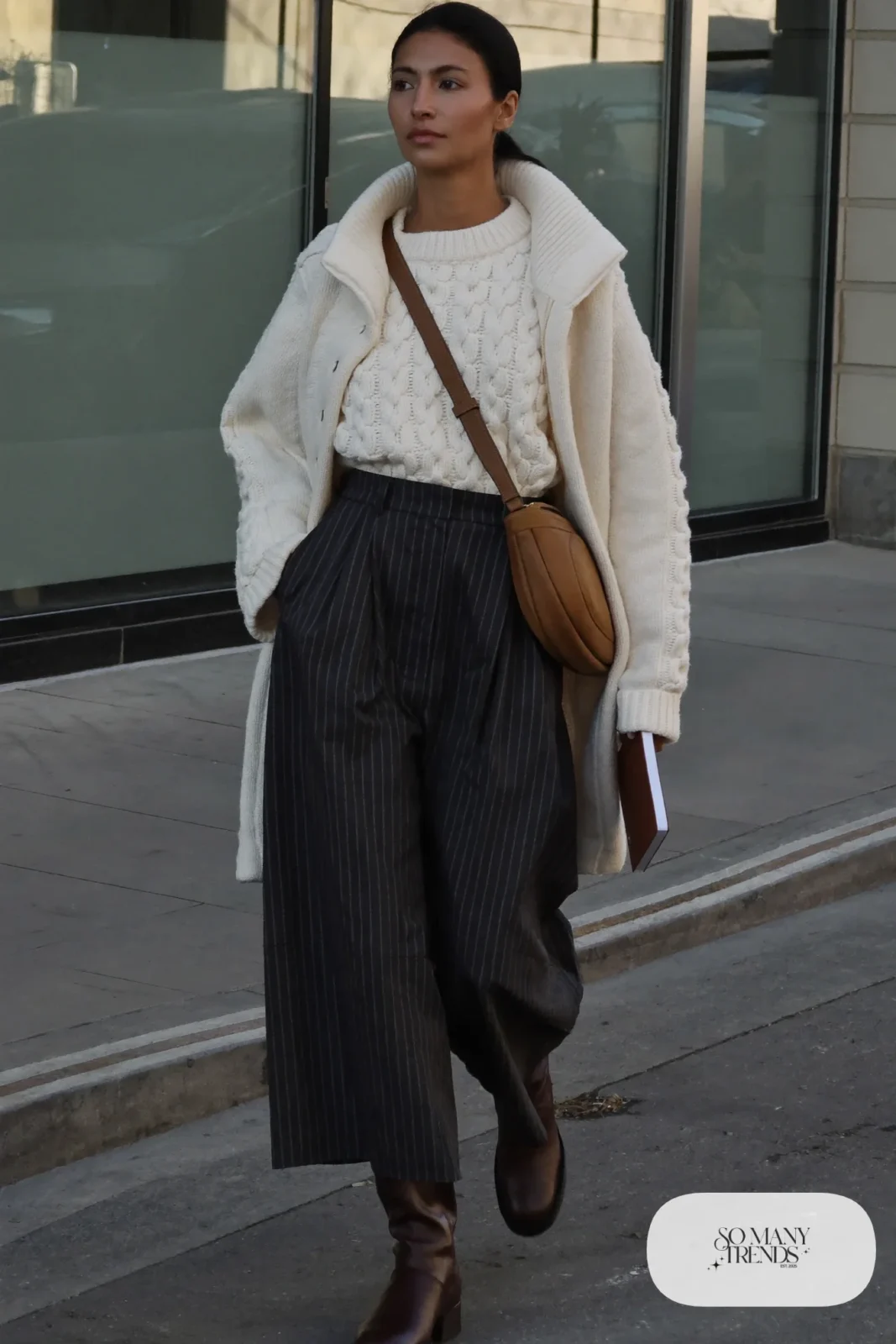 pinstripe pants chunky cable knit sweater brown boots outfit 20