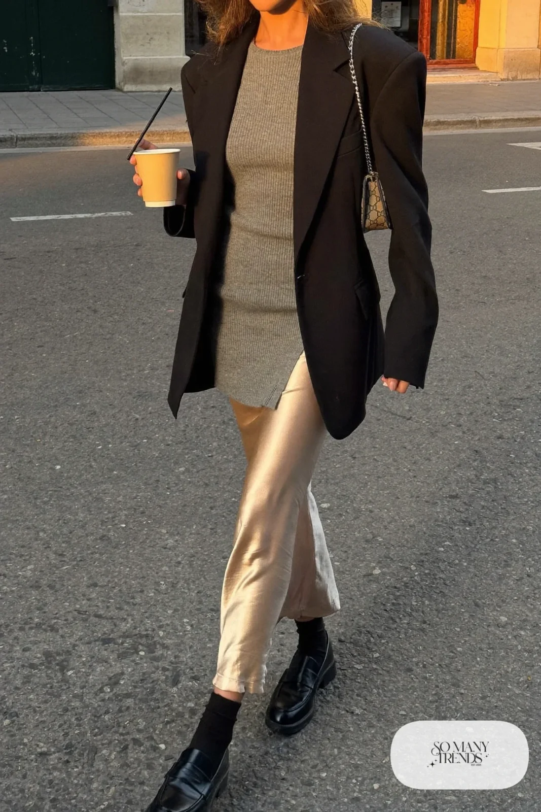 oversized blazer satin slip skirt ribbed knit loafers outfit 21