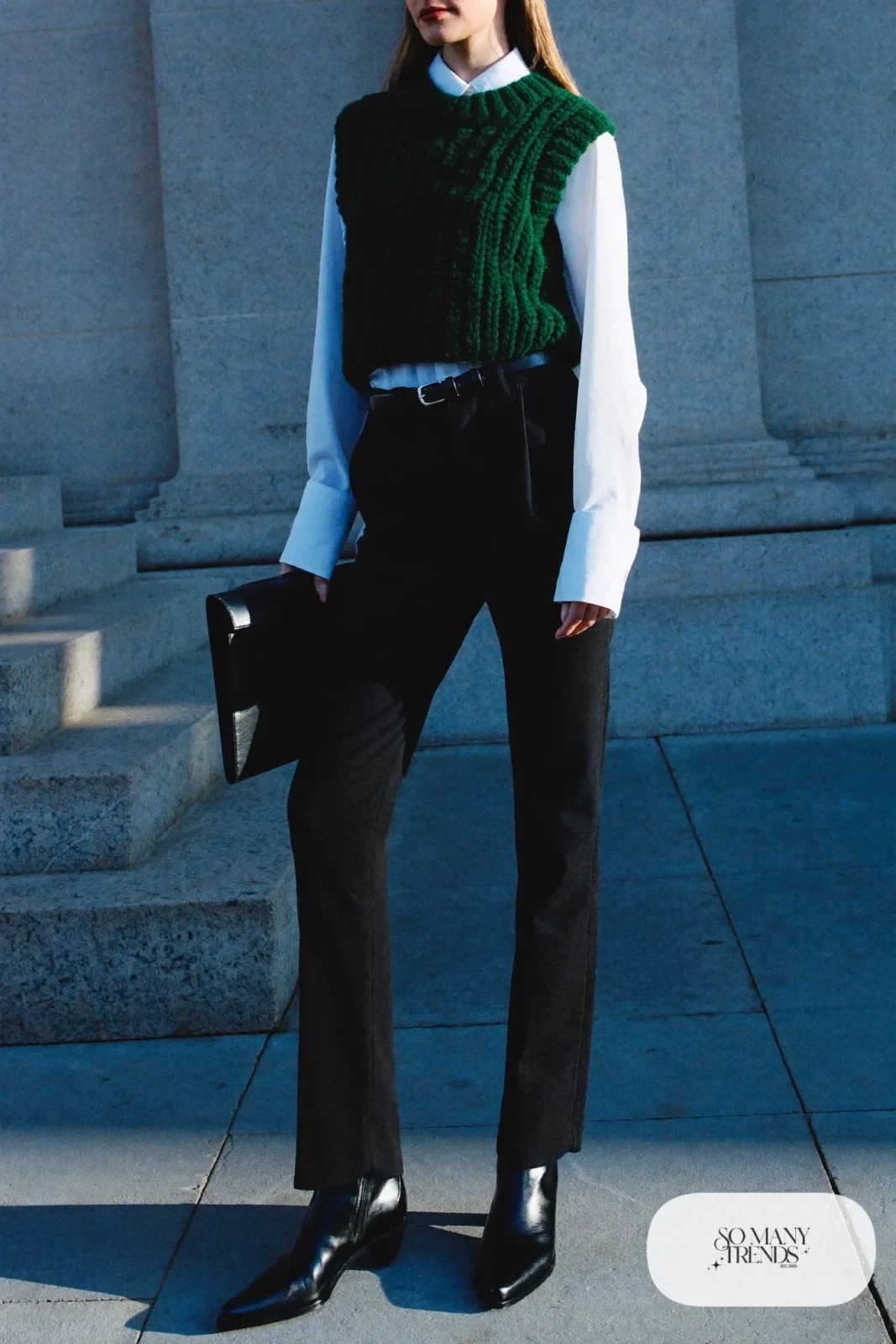 forest green knit vest white shirt black trousers boots outfit 24