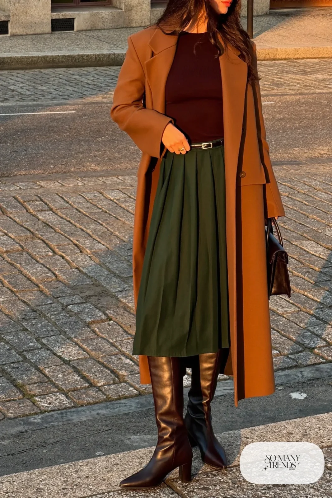 pleated midi skirt fitted knit knee high boots long coat outfit 25