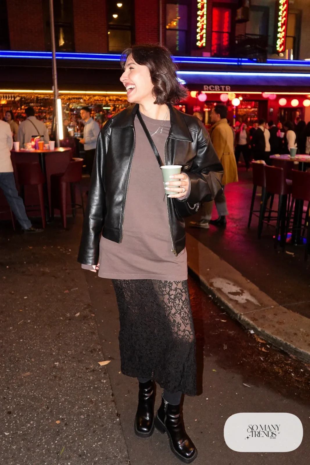 black lace midi skirt leather jacket grey tee ankle boots tights outfit 27