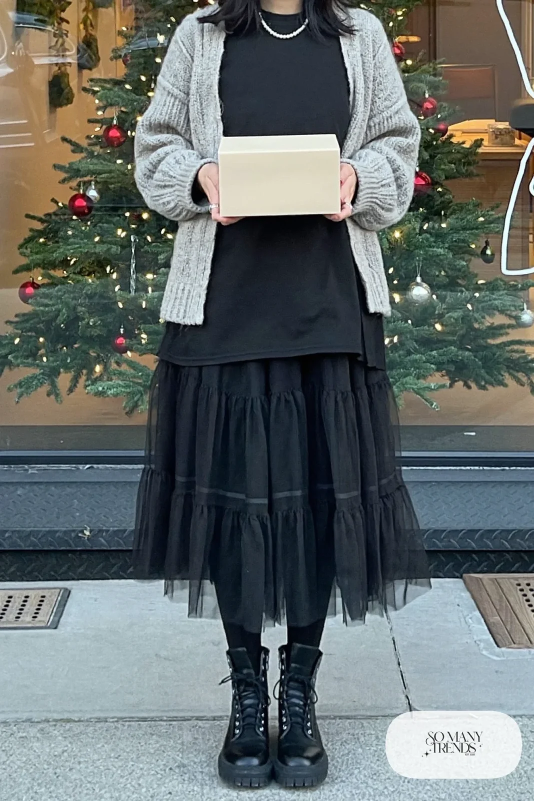 black tulle midi skirt chunky cardigan black boots tights outfit 28