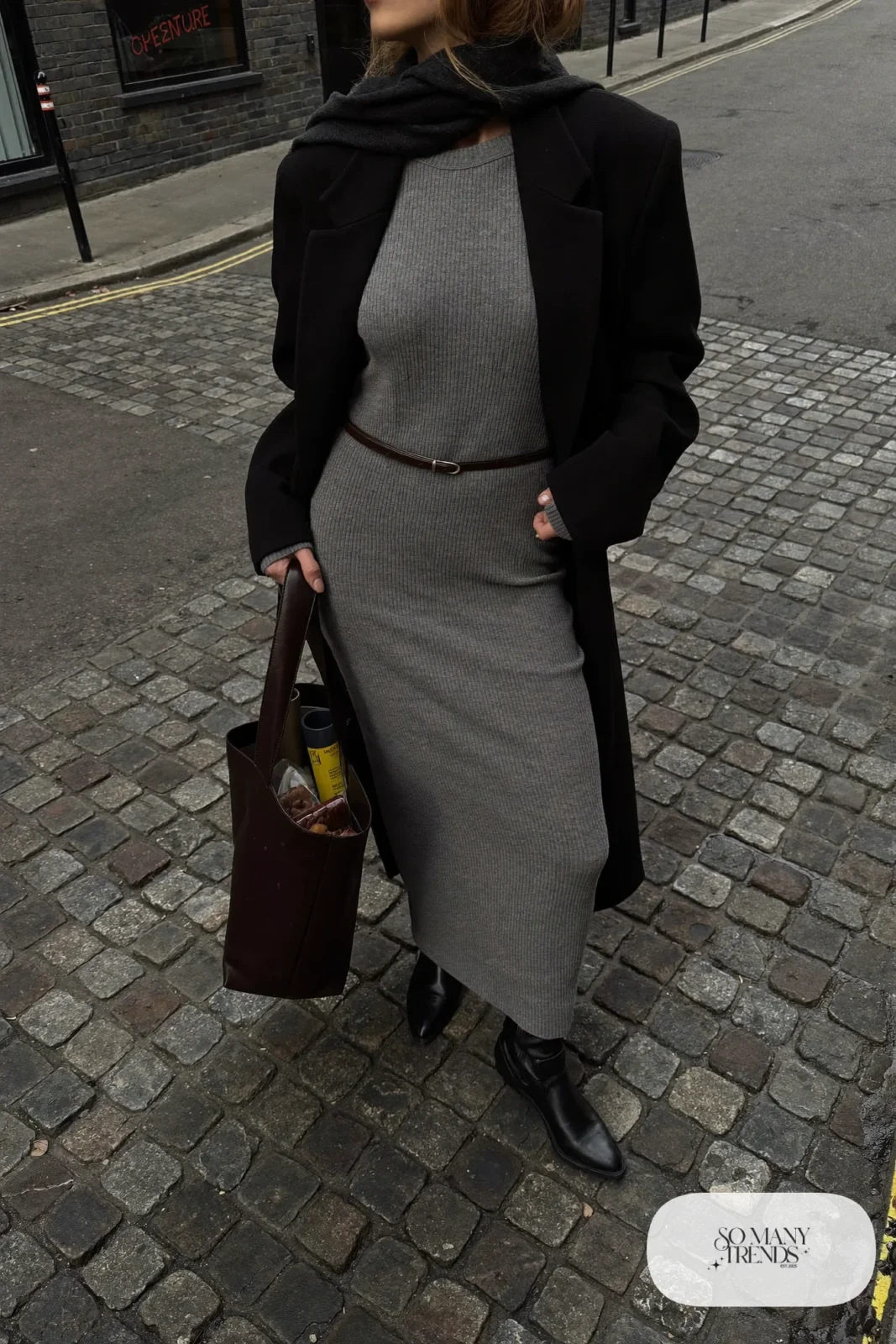 knit maxi dress belted long coat tall boots outfit 29