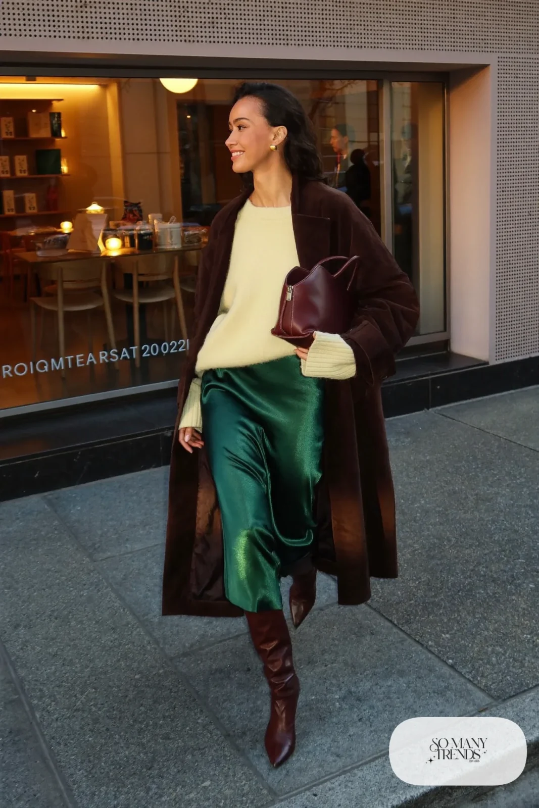 satin slip skirt chunky knit long coat heeled boots outfit 30