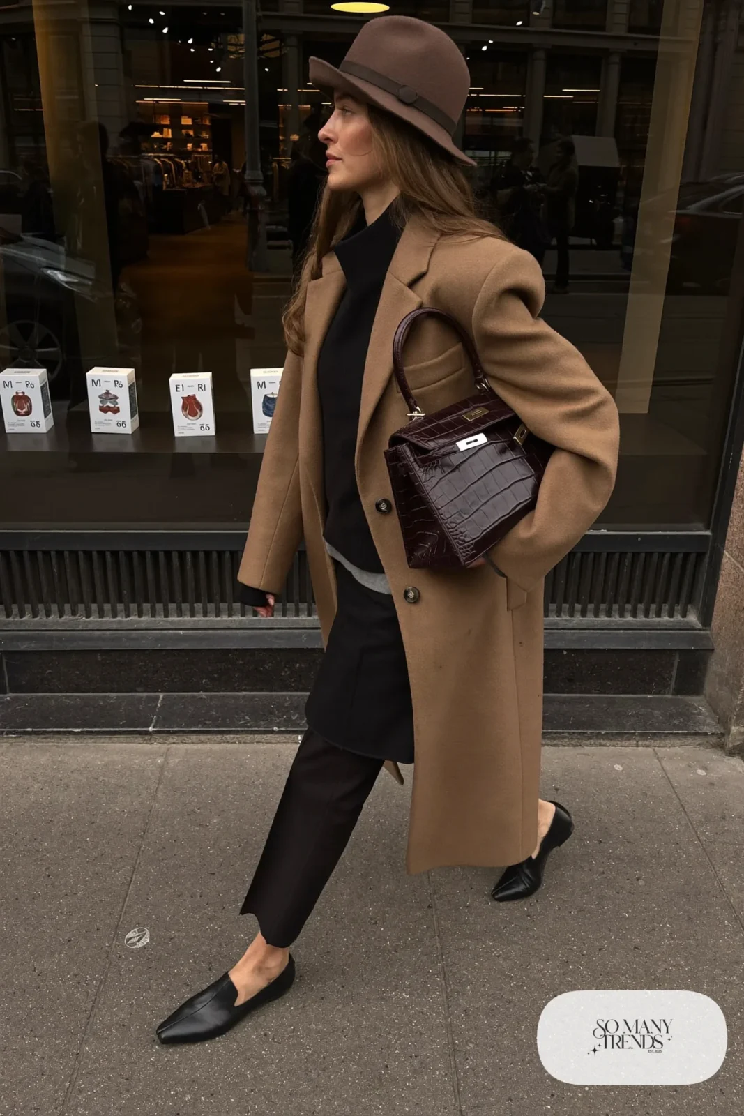 top handle croc bag camel coat black trousers wool felt hat loafers outfit 34