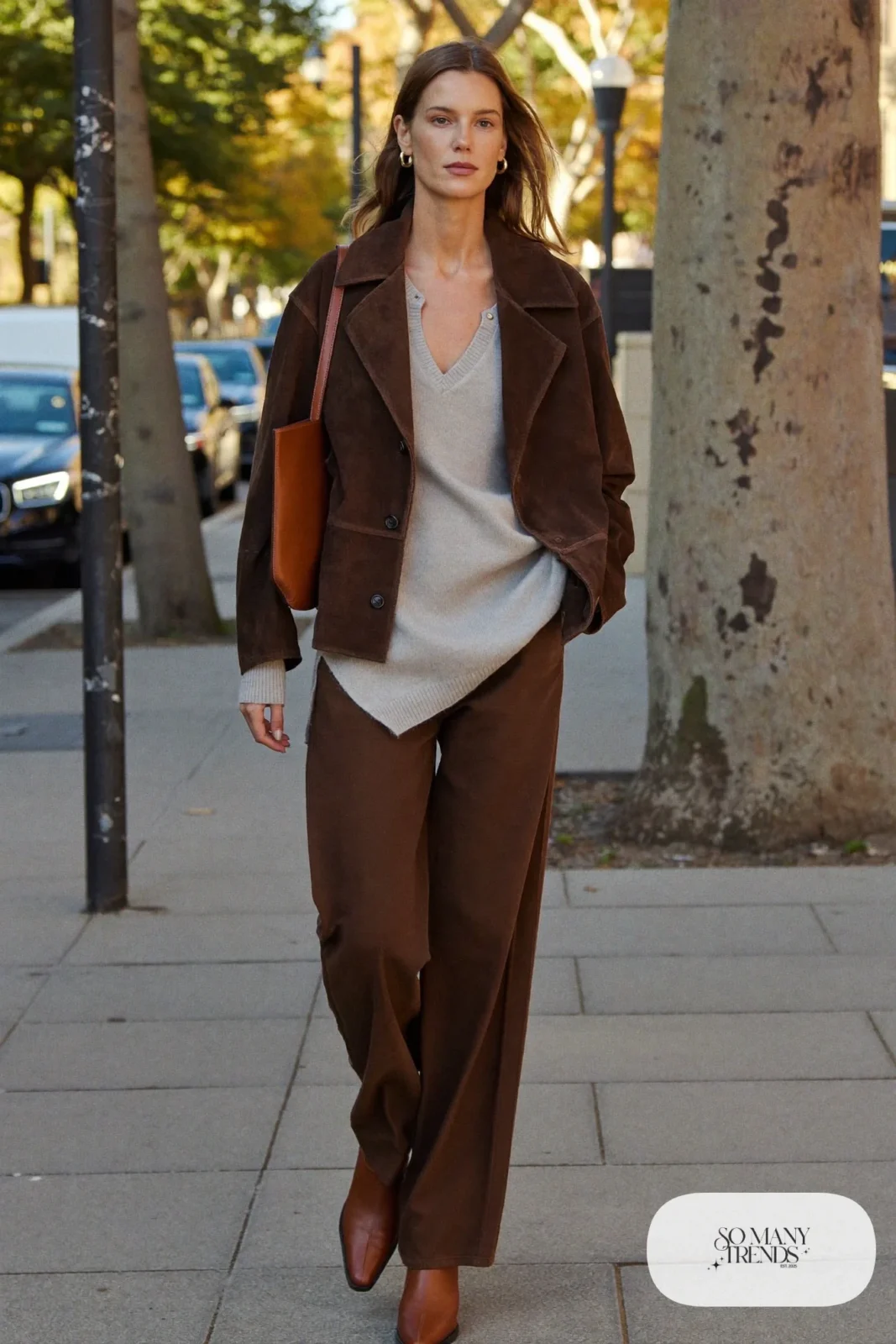 chocolate brown suede jacket brown knit sweater brown wide-leg pants cognac boots gold earrings outfit 1