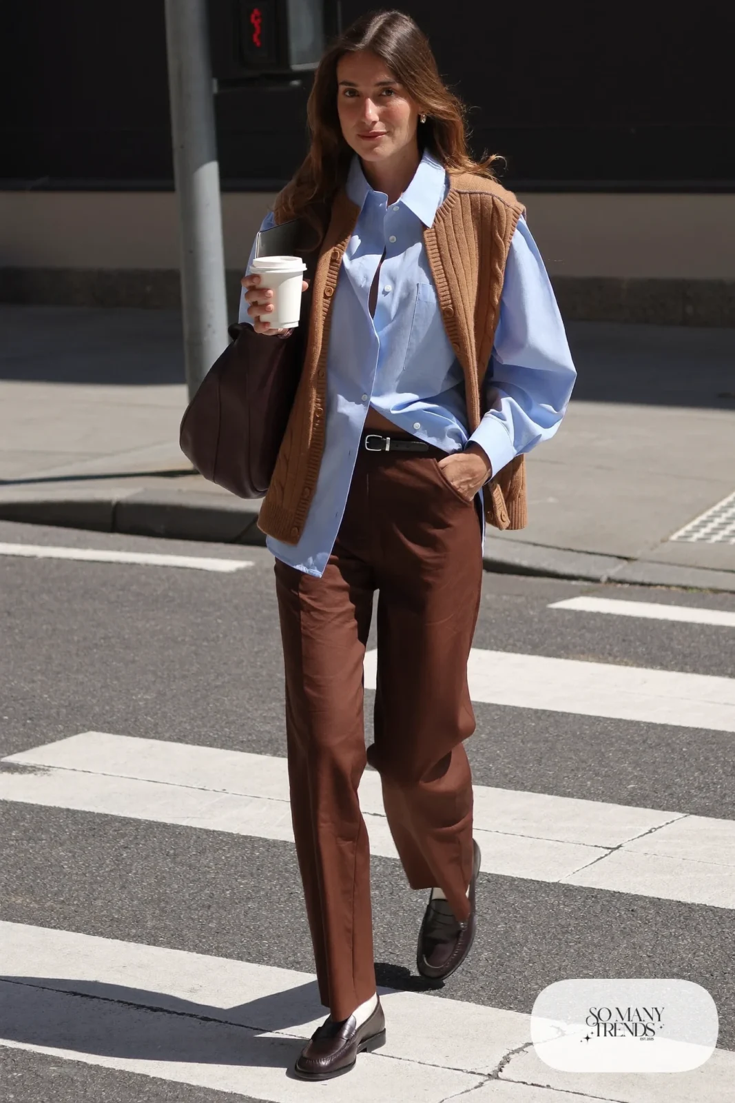 light blue oxford shirt knit vest chocolate brown pants loafers socks outfit 2