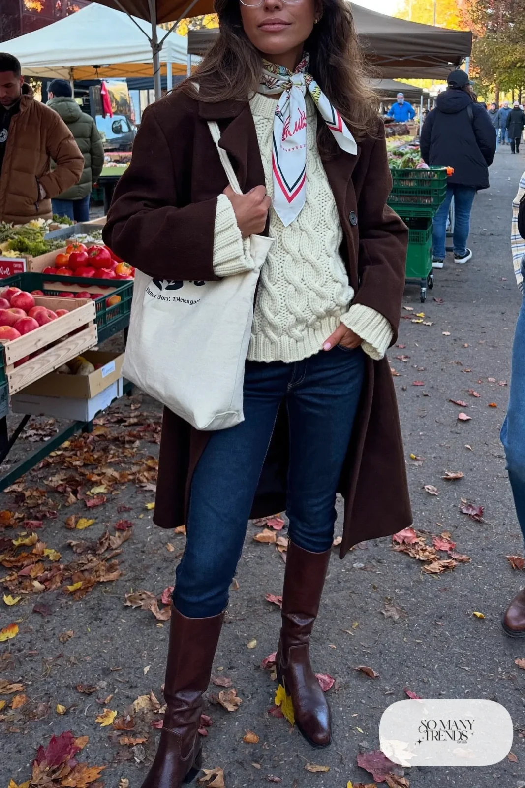 brown knee-high boots cream cable knit sweater dark jeans chocolate coat scarf outfit 3