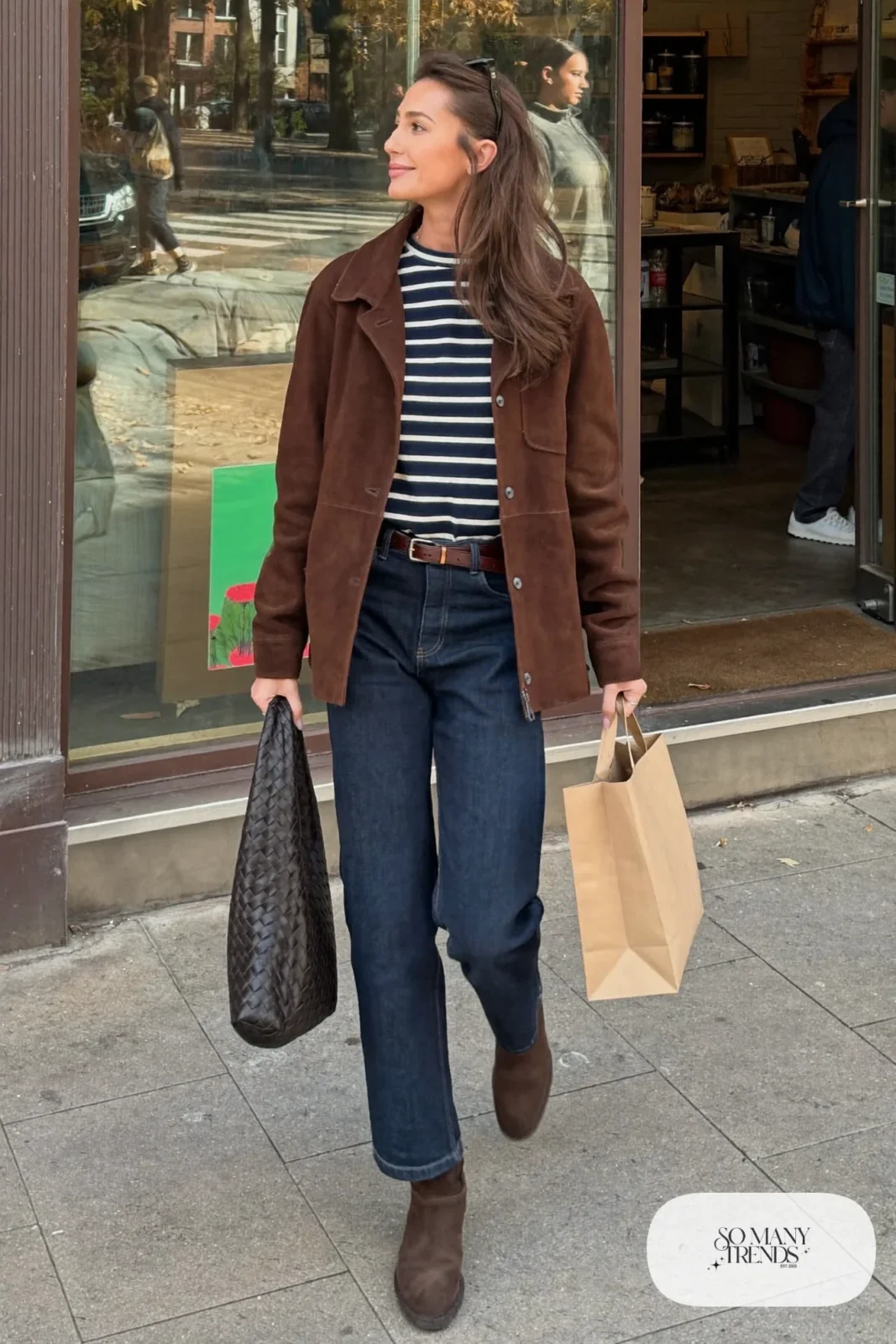 brown suede jacket striped tee dark jeans suede ankle boots woven bag outfit 6