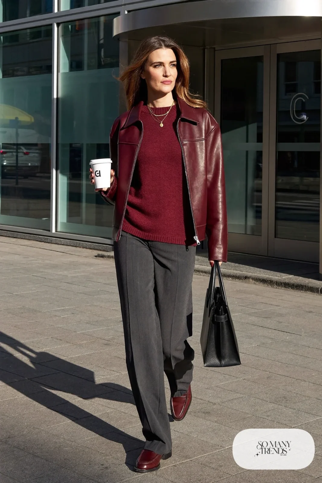 burgundy sweater burgundy faux leather jacket burgundy loafers dark gray pants gold necklace outfit 7