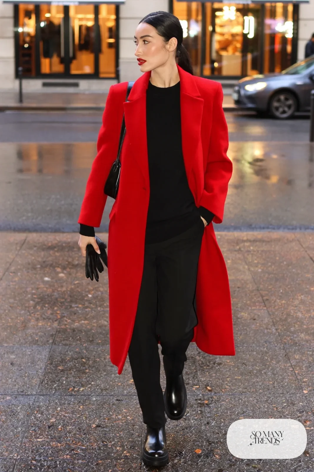 red wool coat black knit sweater black pants black ankle boots red lipstick outfit 8