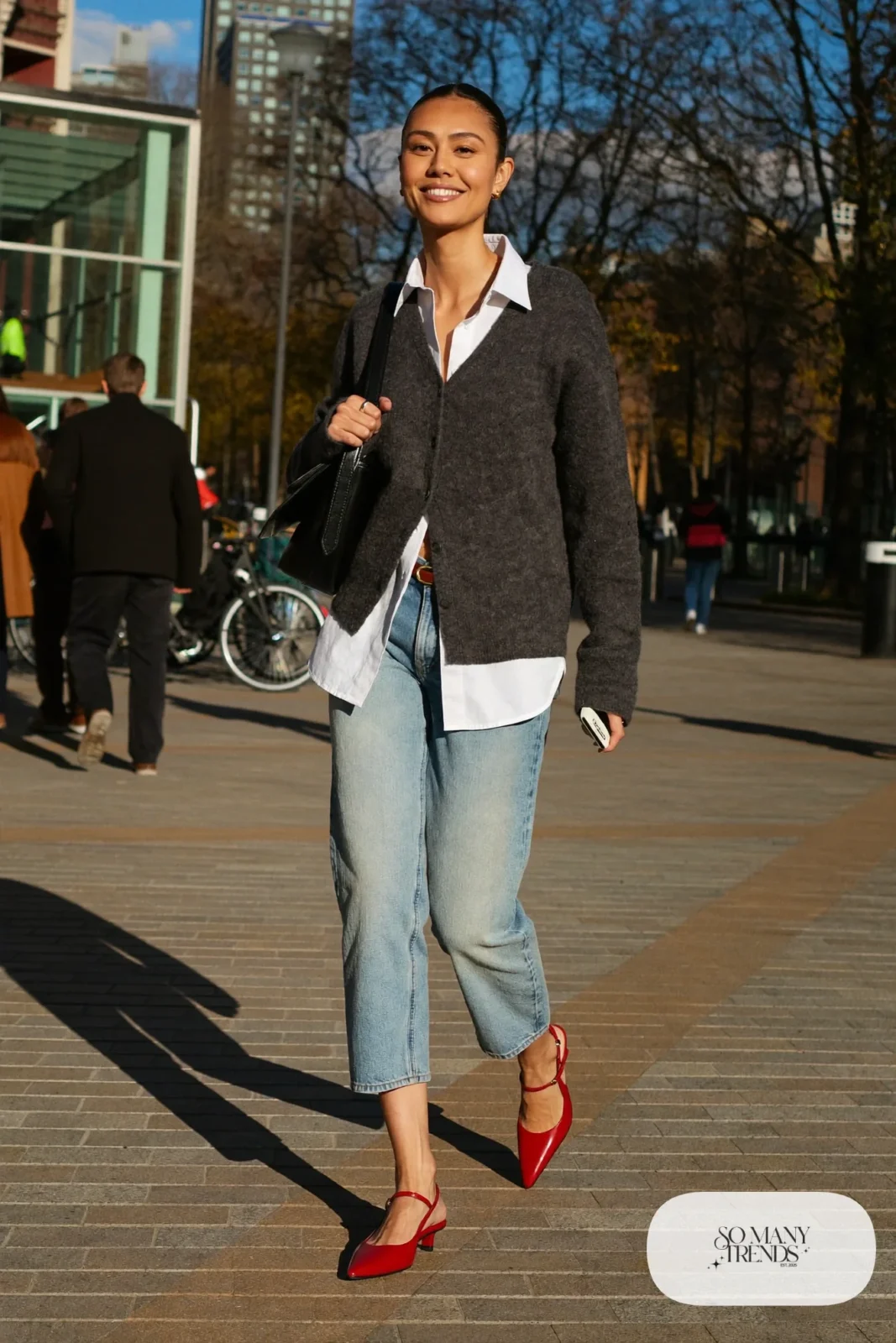 red kitten heel slingbacks cropped jeans charcoal cardigan white shirt collar outfit 9