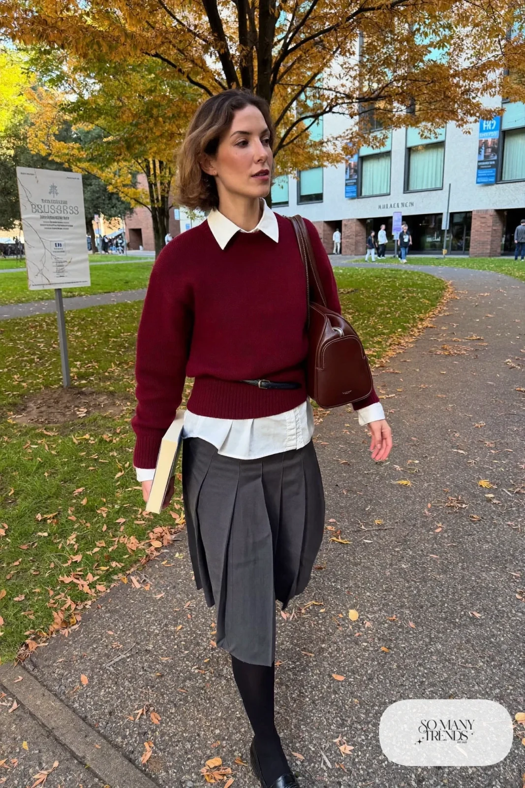 burgundy sweater white shirt collar pleated midi skirt black tights loafers belt outfit 10