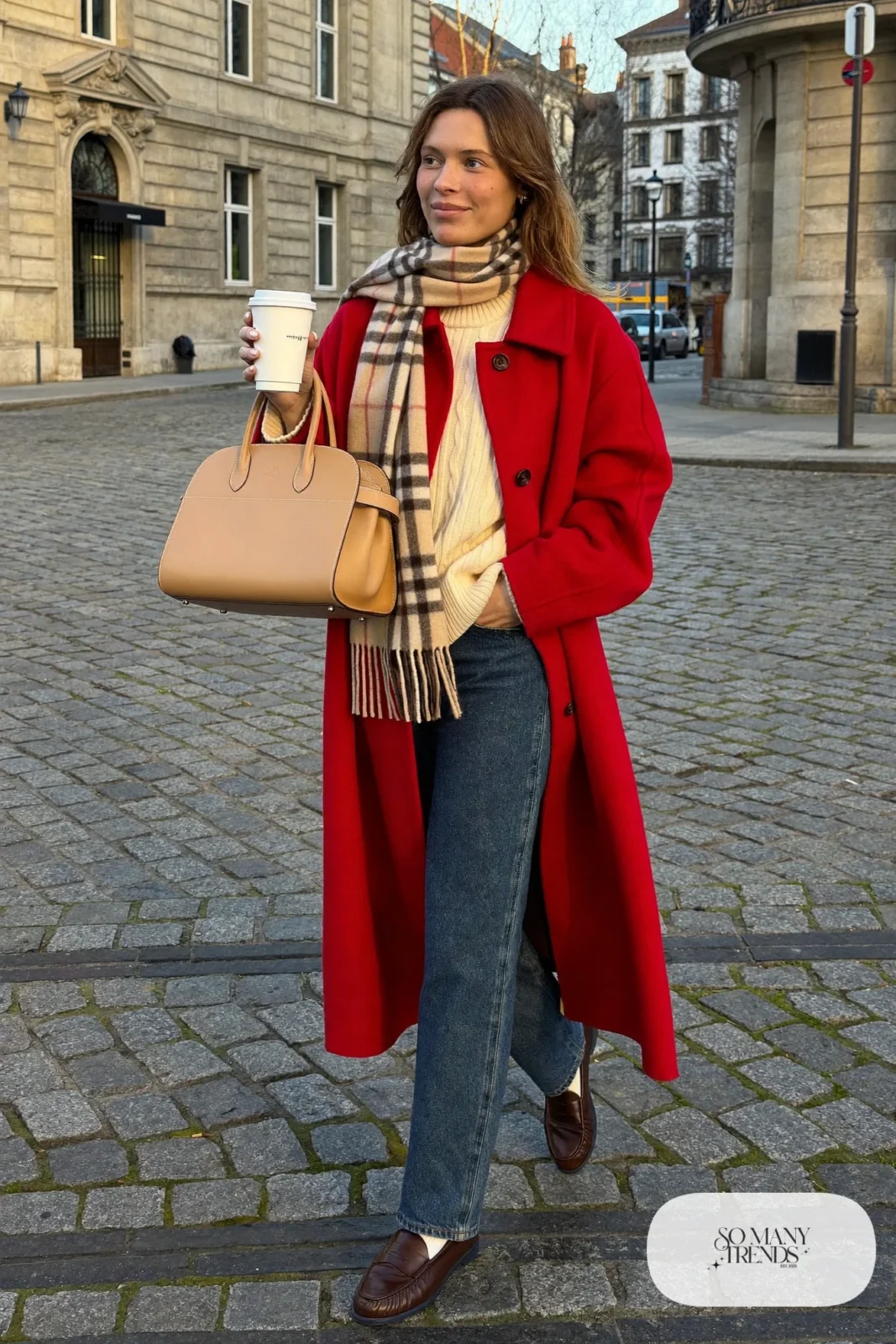 red wool coat cream knit sweater straight jeans brown loafers plaid scarf outfit 11