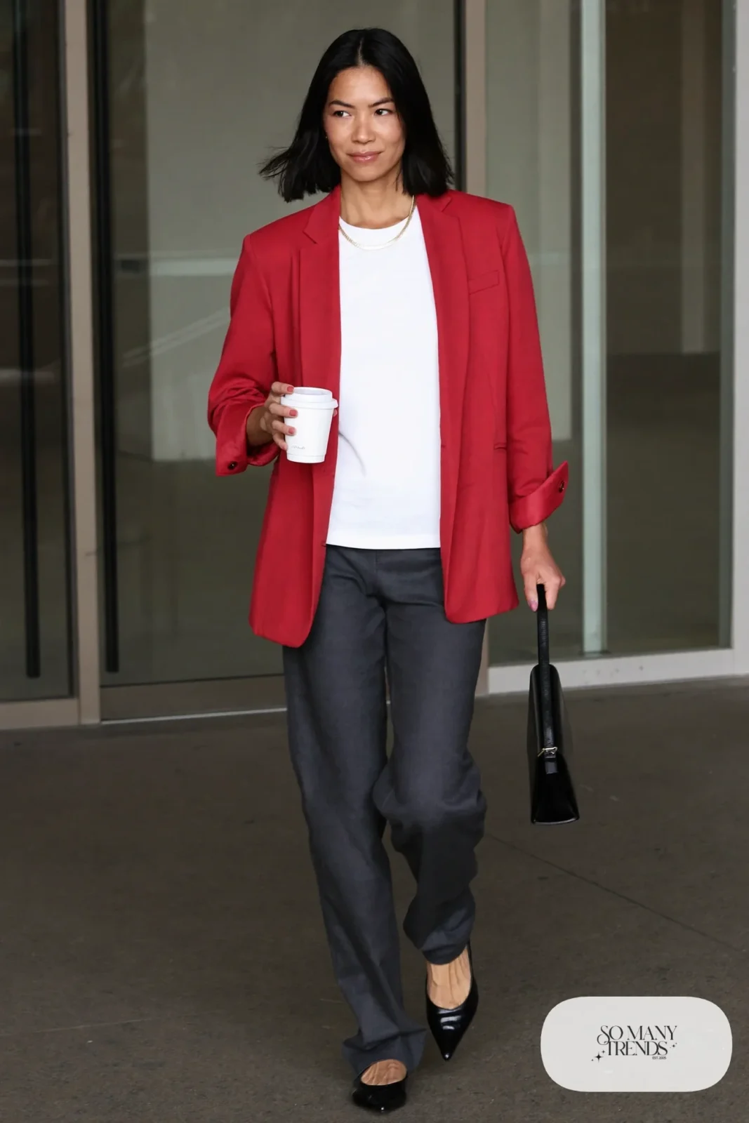 cherry red blazer white tee gray tailored pants black pointed flats gold chain outfit 12