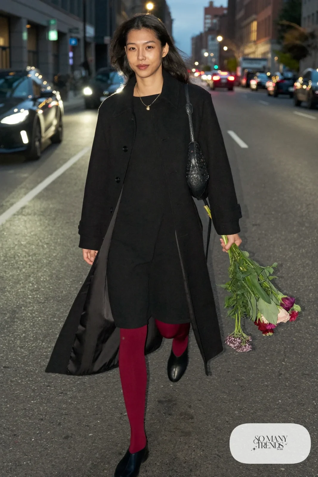 black knit midi dress burgundy tights long black coat black boots gold necklace outfit 13