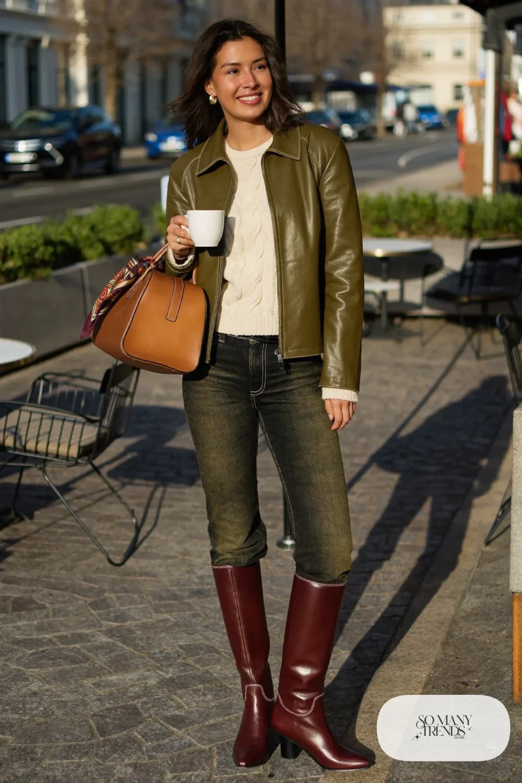olive faux leather jacket cream knit sweater dark jeans tall boots silk scarf bag outfit 15