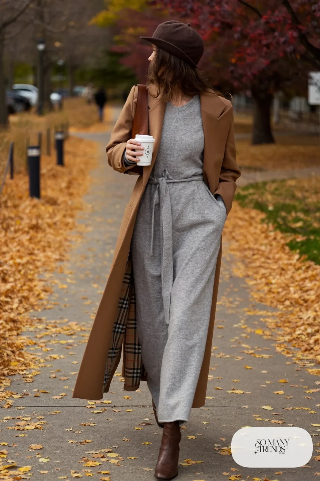gray knit maxi dress belt camel coat brown tall boots wool felt hat shoulder bag outfit 17