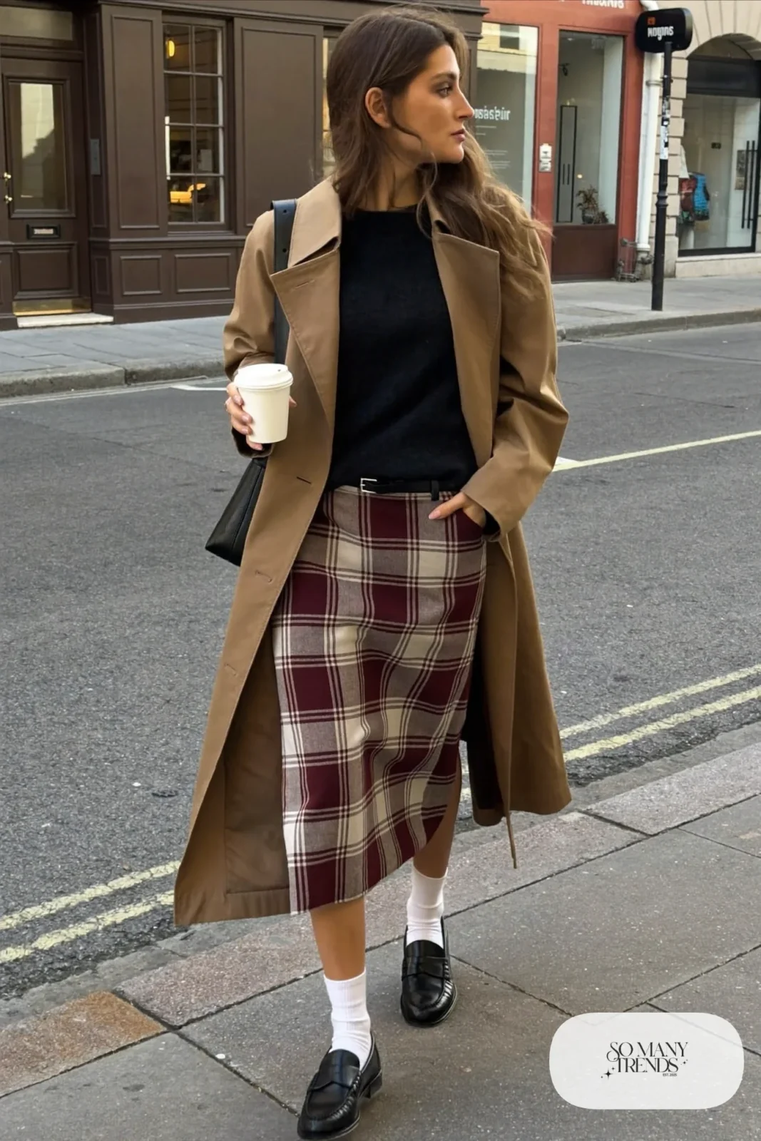plaid midi skirt black sweater black loafers socks leather belt trench coat outfit 18