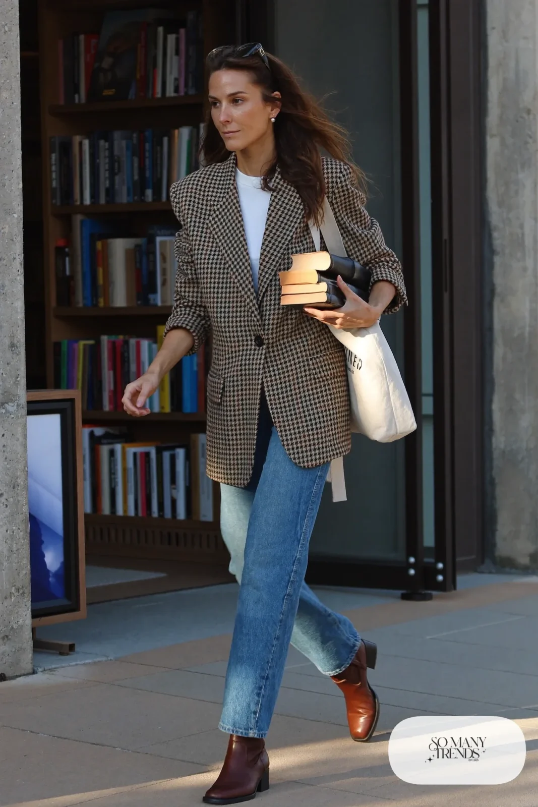 houndstooth blazer white tee straight jeans brown boots pearl earrings outfit 19