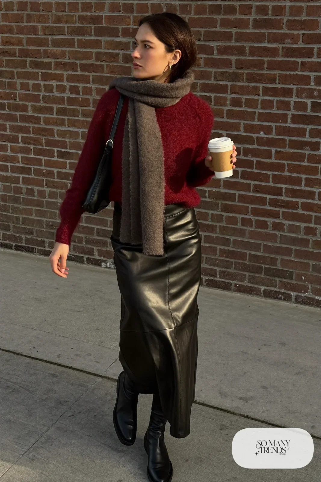 faux leather midi skirt burgundy mohair sweater black boots scarf outfit 21