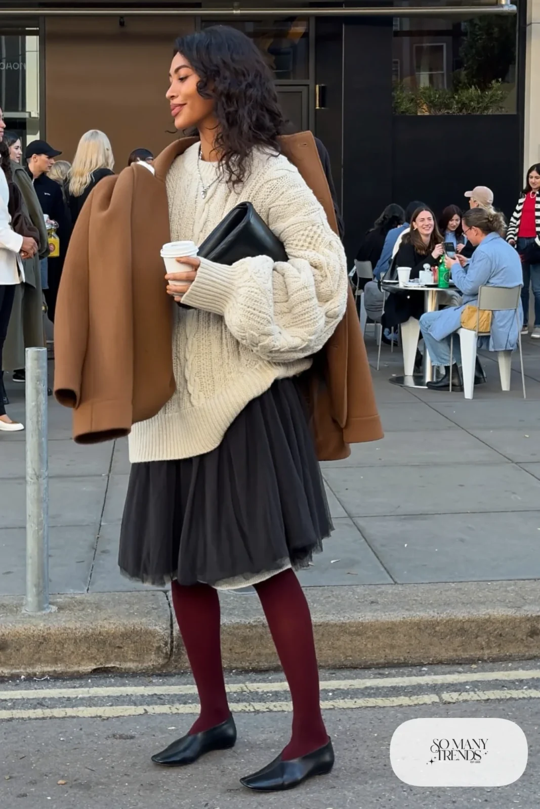 cream cable knit sweater black tulle midi skirt burgundy tights flat boots jacket outfit 22