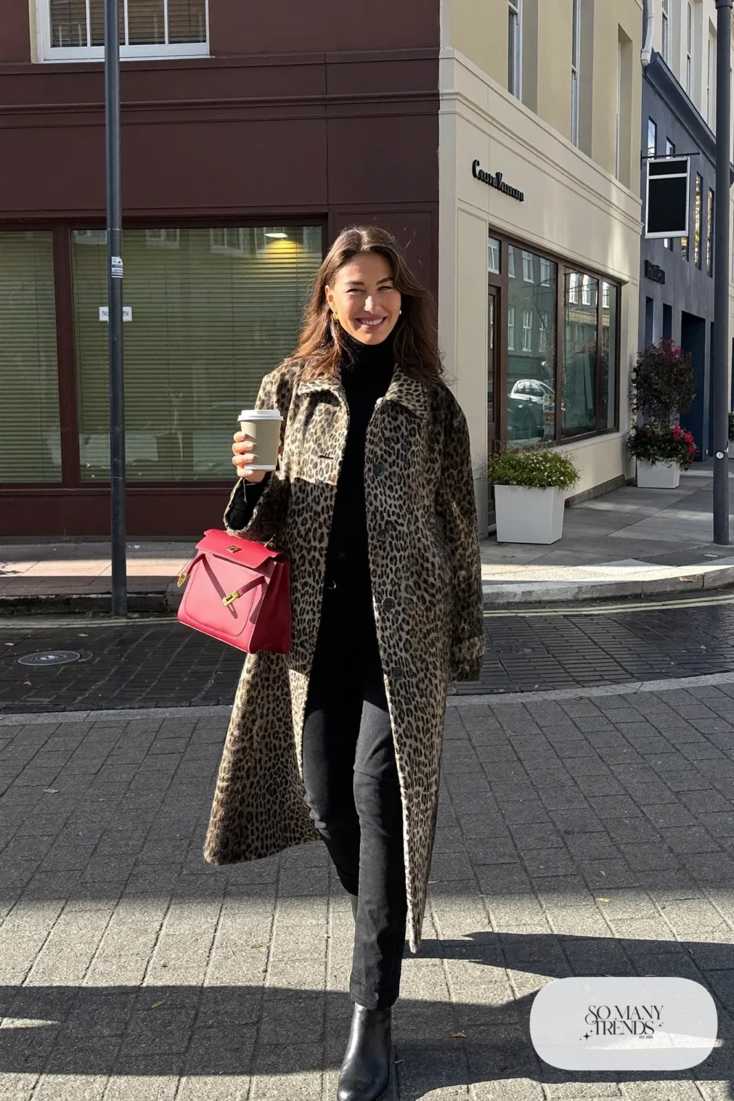 leopard print coat black turtleneck black slim pants black boots red bag outfit 24