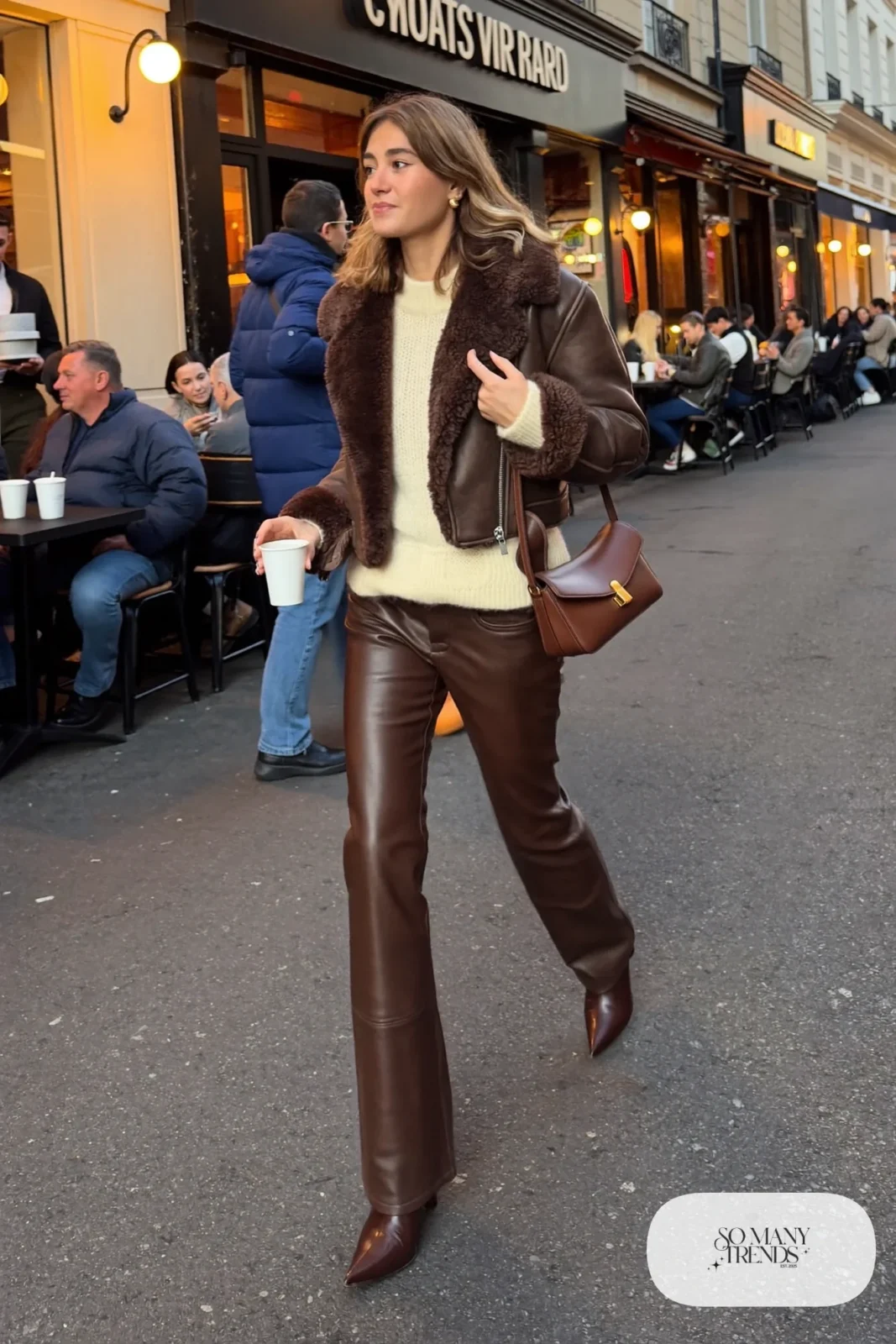 faux leather pants cream chunky sweater faux shearling jacket pointed boots outfit 25