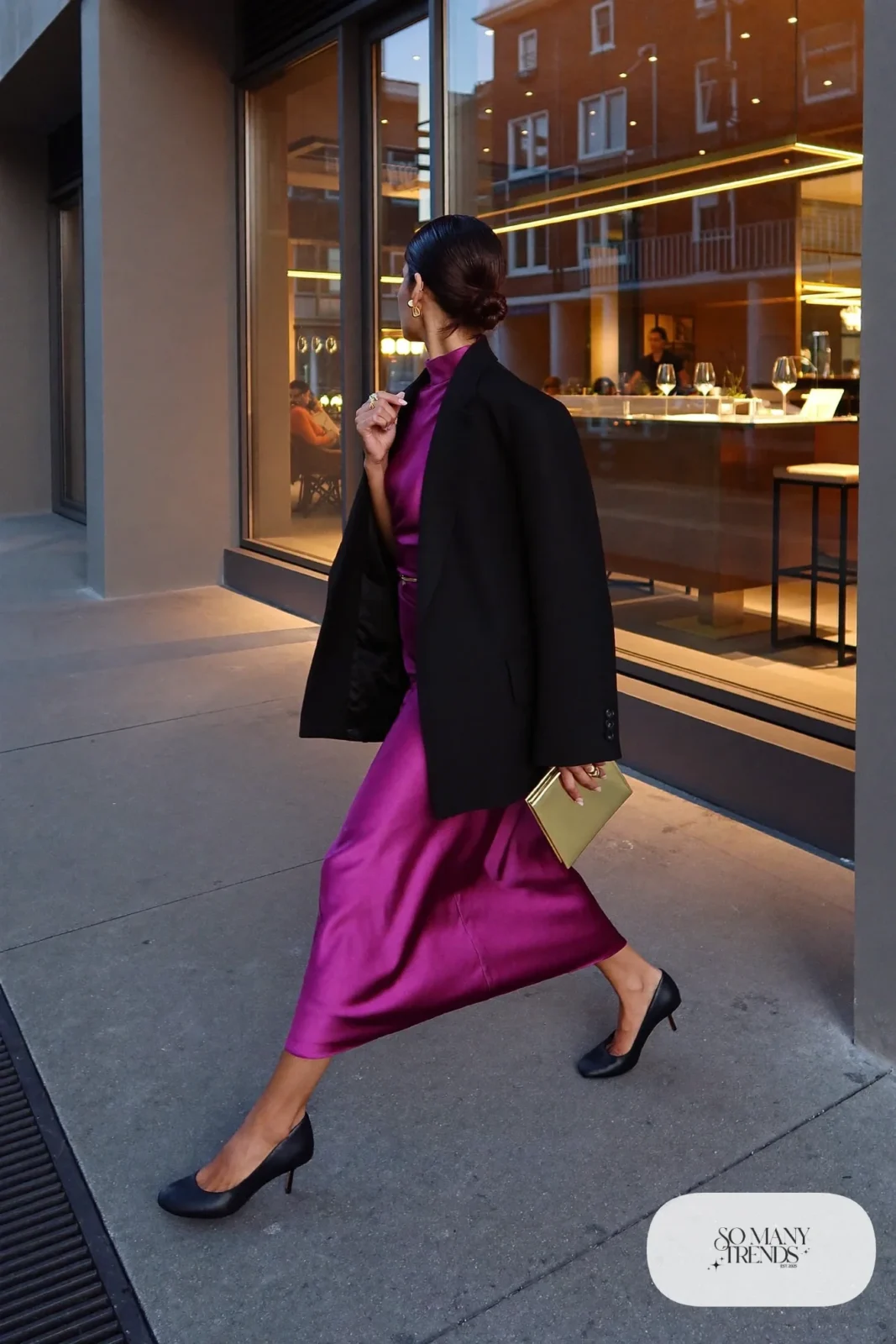 plum satin slip dress black blazer gold clutch closed-toe heels earrings outfit 26