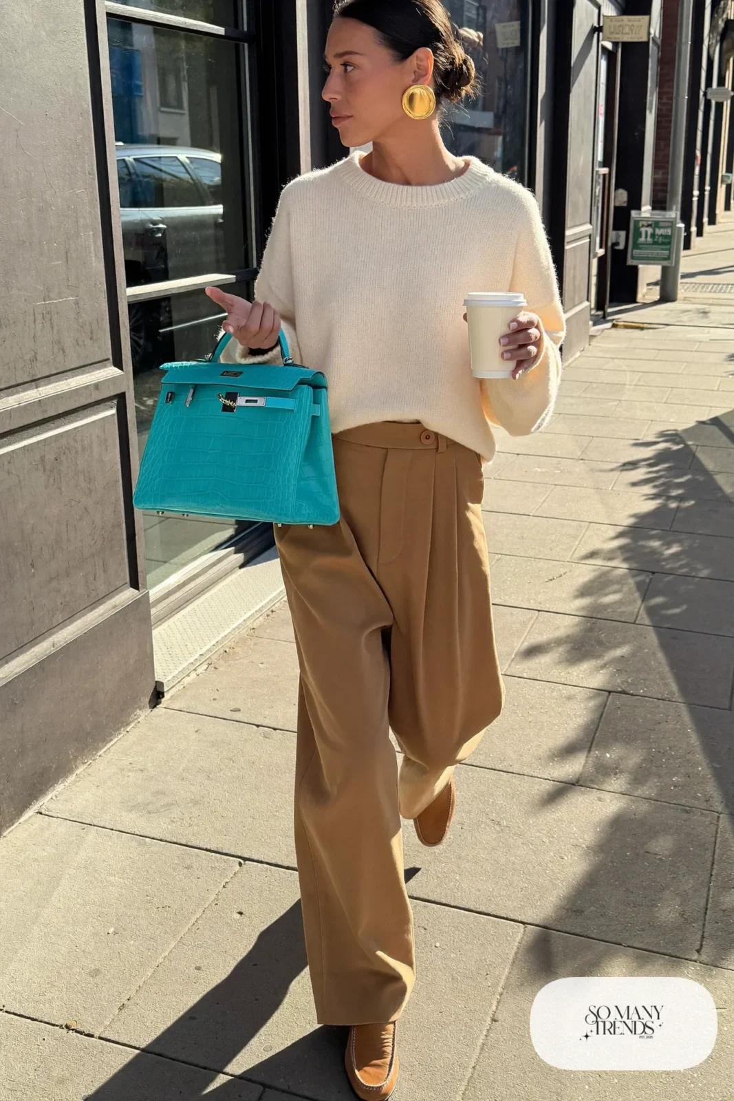 turquoise croc embossed bag cream knit camel wide-leg pants loafers statement earring outfit 28