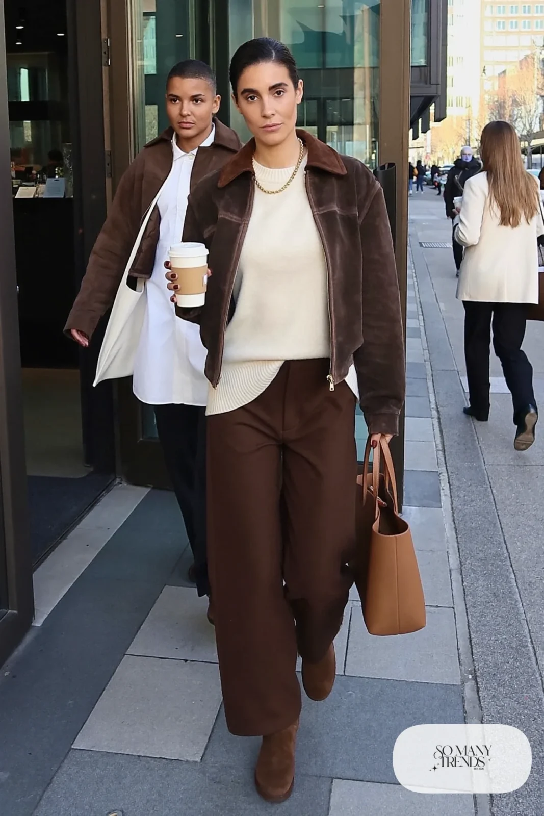 chocolate brown wide leg pants cream sweater brown suede jacket cognac ankle boots outfit 1