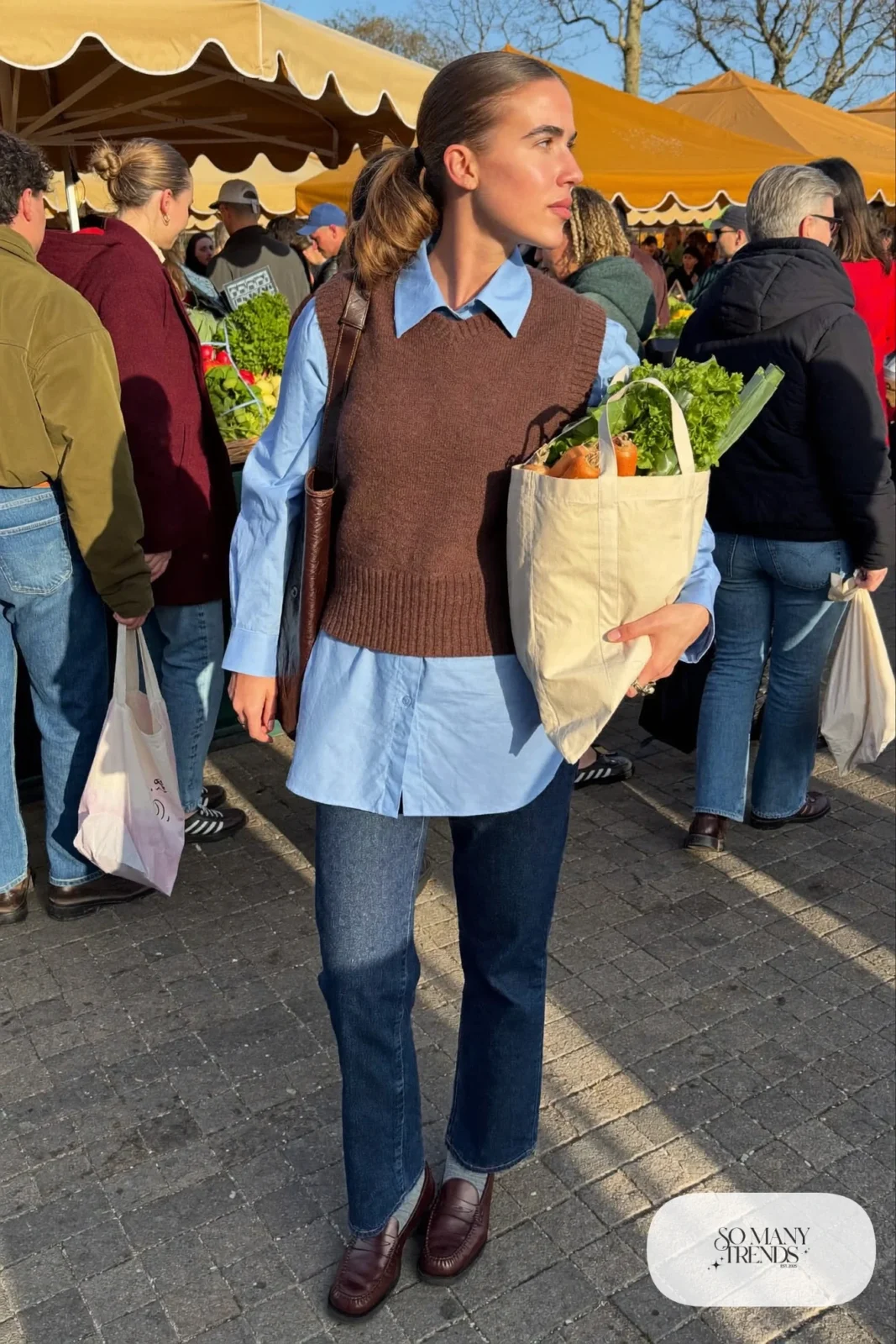 light blue oxford shirt brown knit vest dark straight jeans loafers brown shoulder bag outfit 3