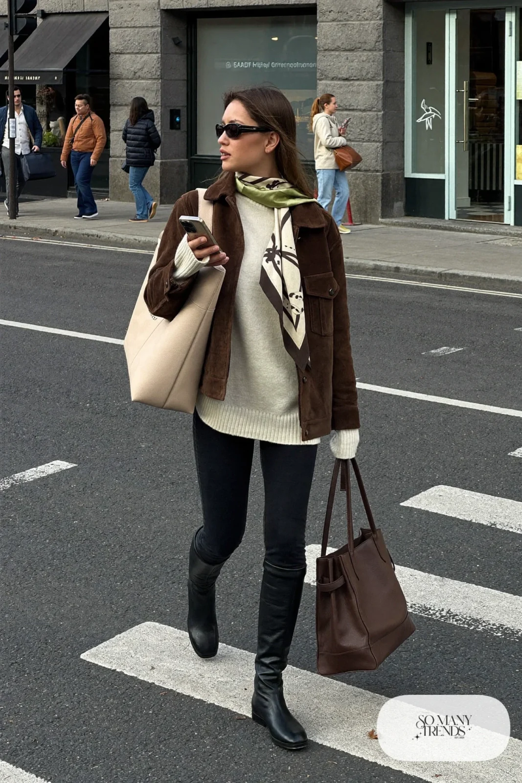 brown suede jacket cream ribbed sweater black jeans silk scarf tall flat boots outfit 4