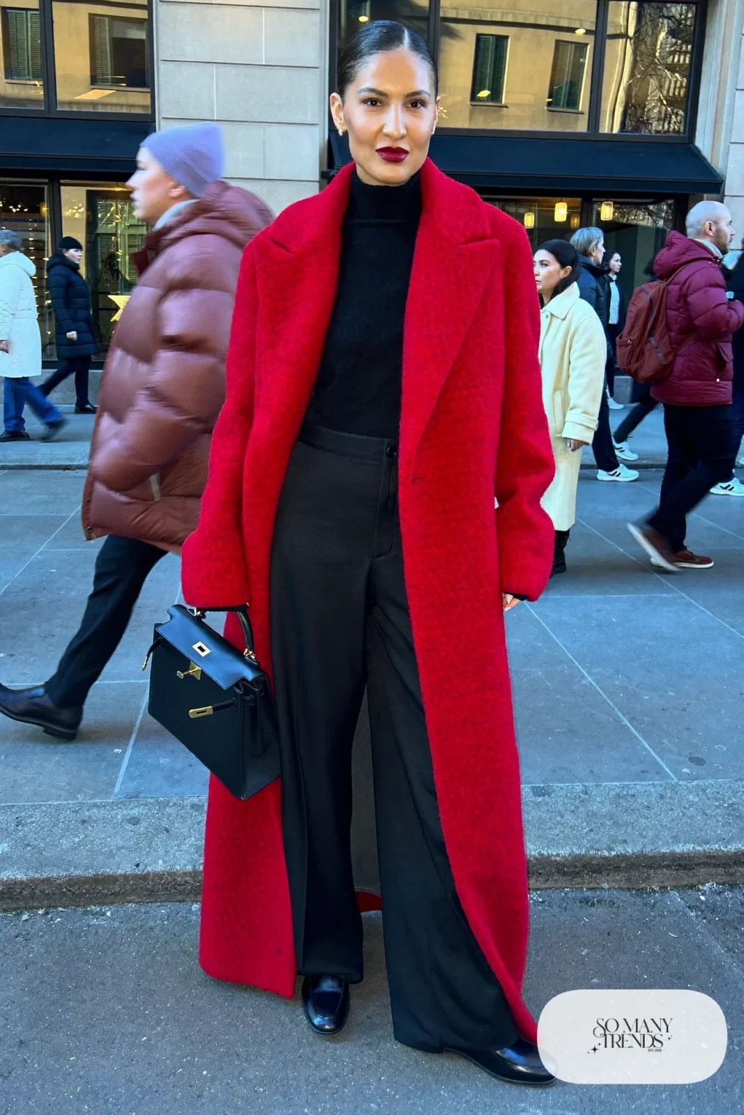 red wool coat black turtleneck black wide leg pants black loafers structured bag outfit 6