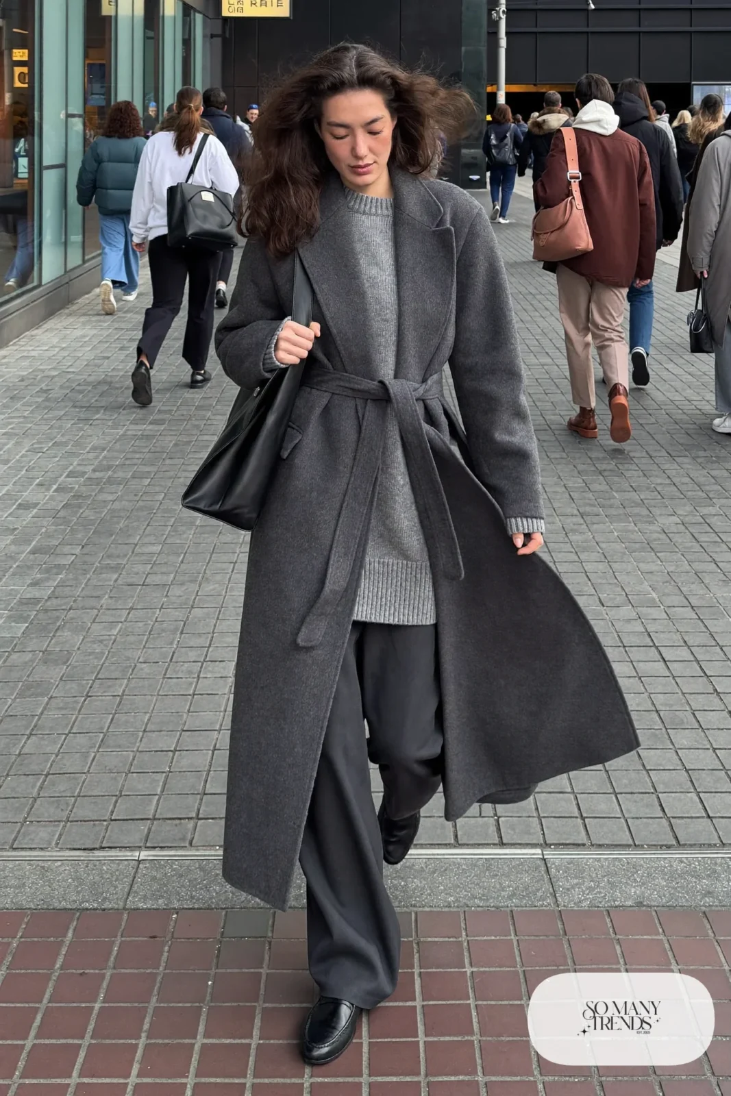 long gray wool coat belted gray knit sweater dark gray wide leg pants black loafers outfit 9